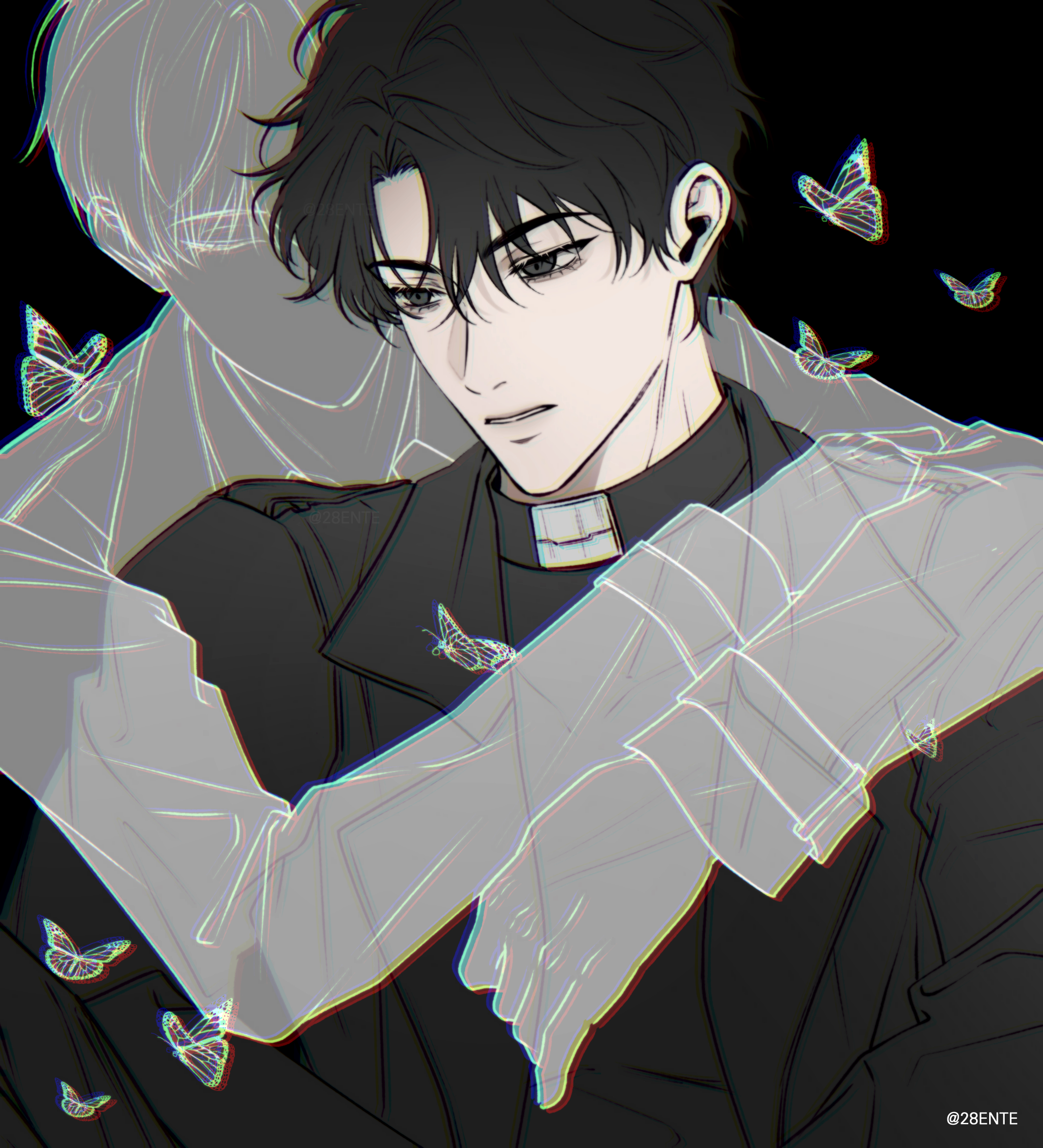 kim dokja, yoo joonghyuk, omniscient reader's viewpoint, highres, 28ente, 2boys, arms around neck, black coat, black eyes, black hair, bug, butterfly, chromatic aberration, coat, color contrast, crew neck, hug, hug from behind, insect, looking at another, male focus, multiple boys, open clothes, open coat, parted lips, popped collar, see-through body, serious, short hair, upper body