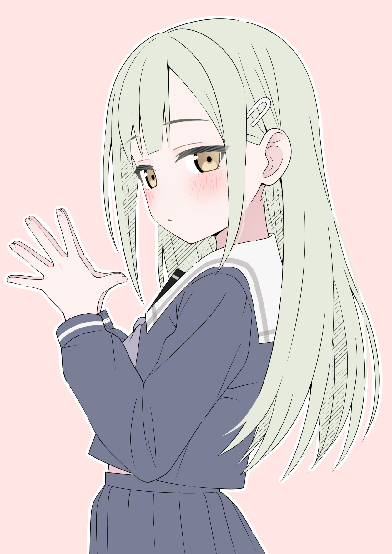 mistel (sukebemistel), wakaba mutsumi, bang dream!, bang dream! it's mygo!!!!!, commentary request, highres, 1girl, blue serafuku, blue shirt, blue skirt, blush, closed mouth, from side, green hair, hair ornament, hairclip, long hair, long sleeves, looking at viewer, midriff peek, outline, pink background, pleated skirt, sailor collar, school uniform, serafuku, shirt, sidelocks, simple background, skirt, solo, steepled fingers, tsukinomori school uniform, white outline, white sailor collar, yellow eyes