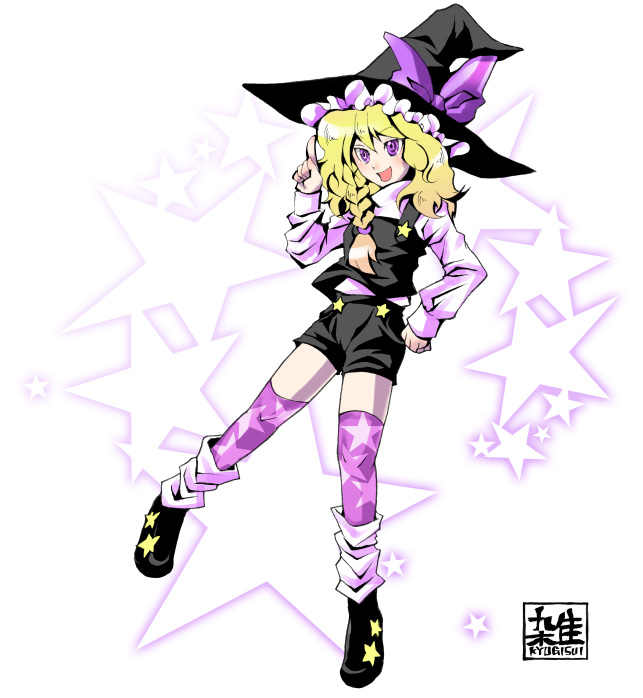 kogawa, kirisame marisa, touhou, 1girl, female focus, full body, hat, shorts, solo, star (symbol), thighhighs, white background