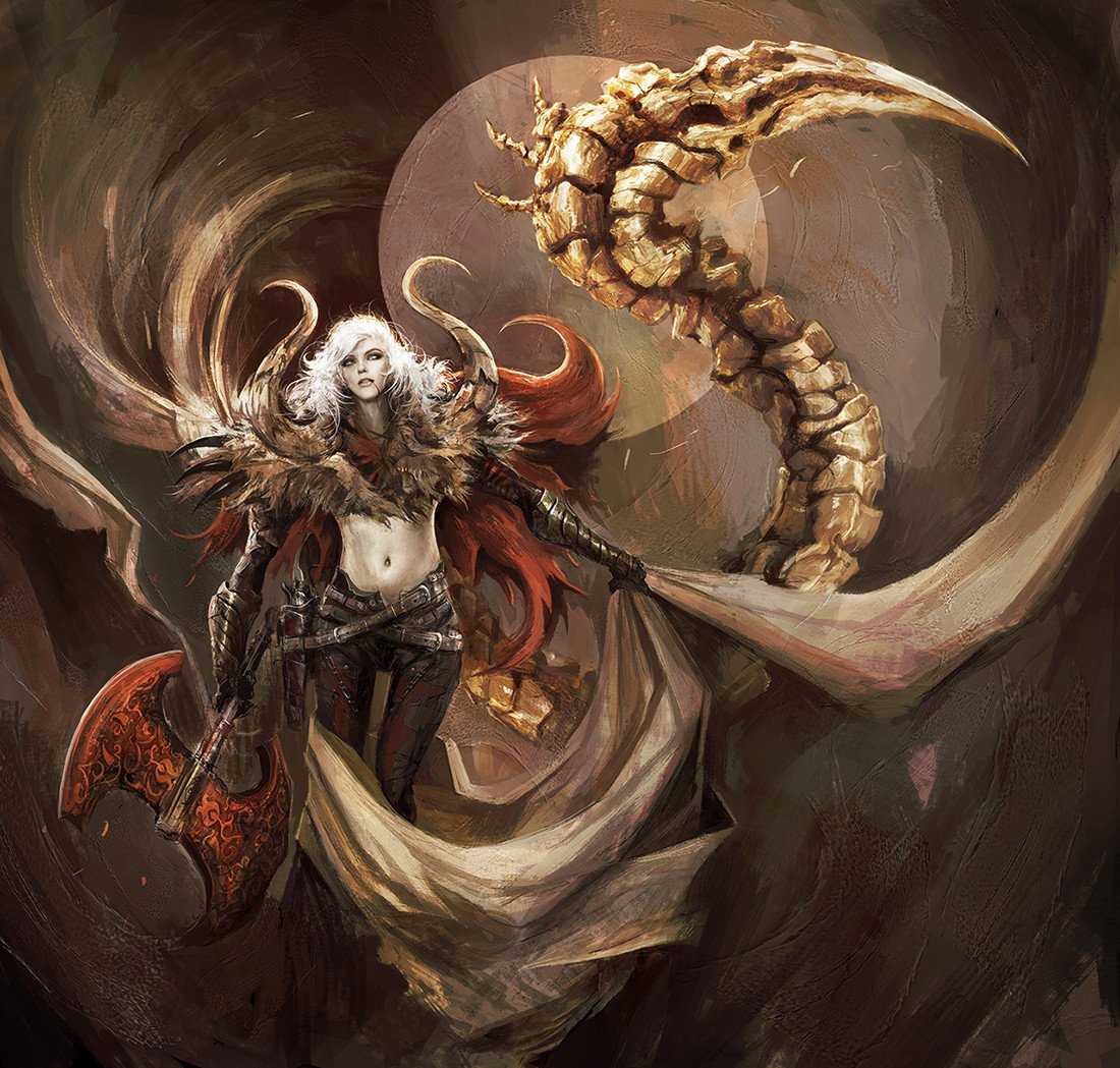 original, 1girl, alexandre chaudret, axe, battle axe, bone tail, double-sided axe, fabric, large tail, long hair, pale skin, solo, tail, weapon, white hair