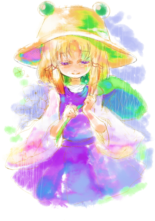 cis (carcharias), moriya suwako, touhou, 1girl, female focus, hat, rain, skirt, solo, tears, white background