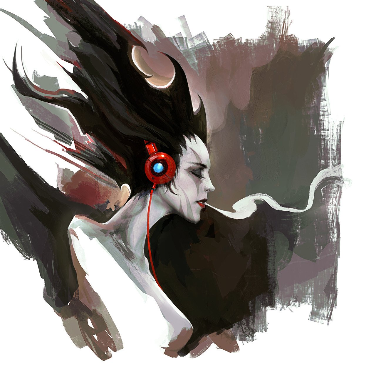 original, highres, painting (medium), traditional media, 1girl, alexandre chaudret, black hair, colored skin, eyeshadow, facepaint, floating hair, headphones, long hair, makeup, portrait, smoke from mouth, solo, white skin