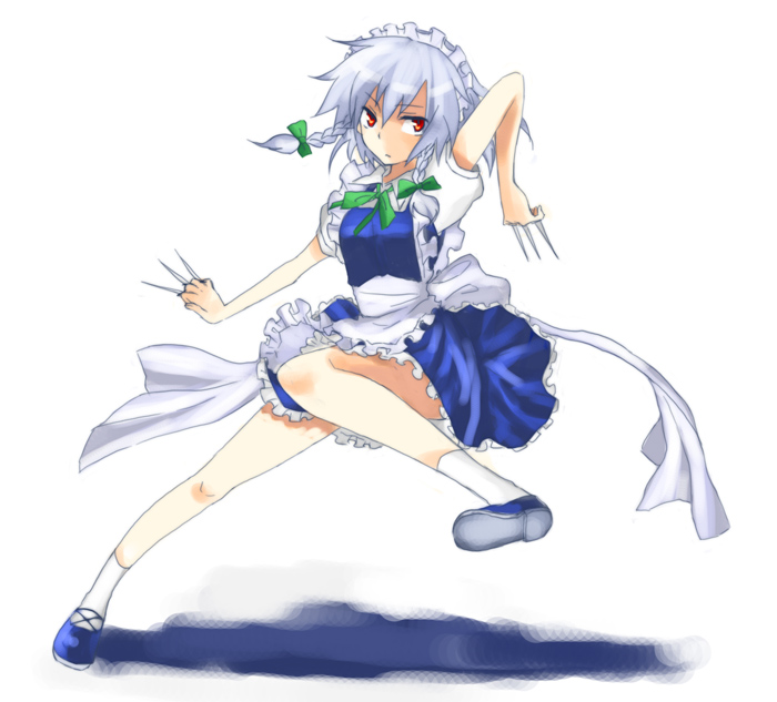 miya (tsumazukanai), izayoi sakuya, touhou, silver hair, 1girl, braid, female focus, short hair, solo, twin braids