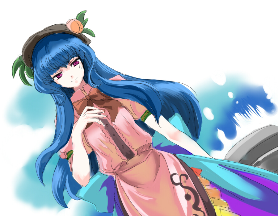 nanami sano, hinanawi tenshi, touhou, 1girl, blue hair, dress, female focus, flat chest, food, fruit, gradient background, hat, long hair, peach, red eyes, ribbon, solo, white background