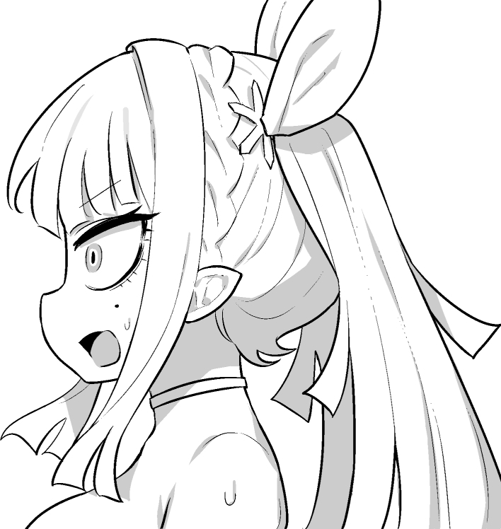 hori (hori no su), bois belleau (azur lane), azur lane, azur lane: slow ahead, 1girl, choker, from side, greyscale, hair ribbon, mole, mole under eye, monochrome, open mouth, pointy ears, ribbon, simple background, solo, surprised, twintails, upper body, white background, white choker