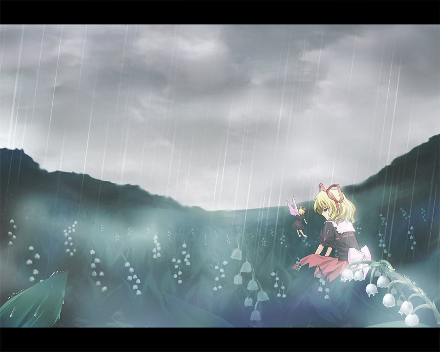 aojiru (shiro to kuro no mukyou), aoziru, medicine melancholy, su-san, touhou, 1girl, blonde hair, female focus, field, flower, flower field, letterboxed, lily of the valley, rain, short hair, solo