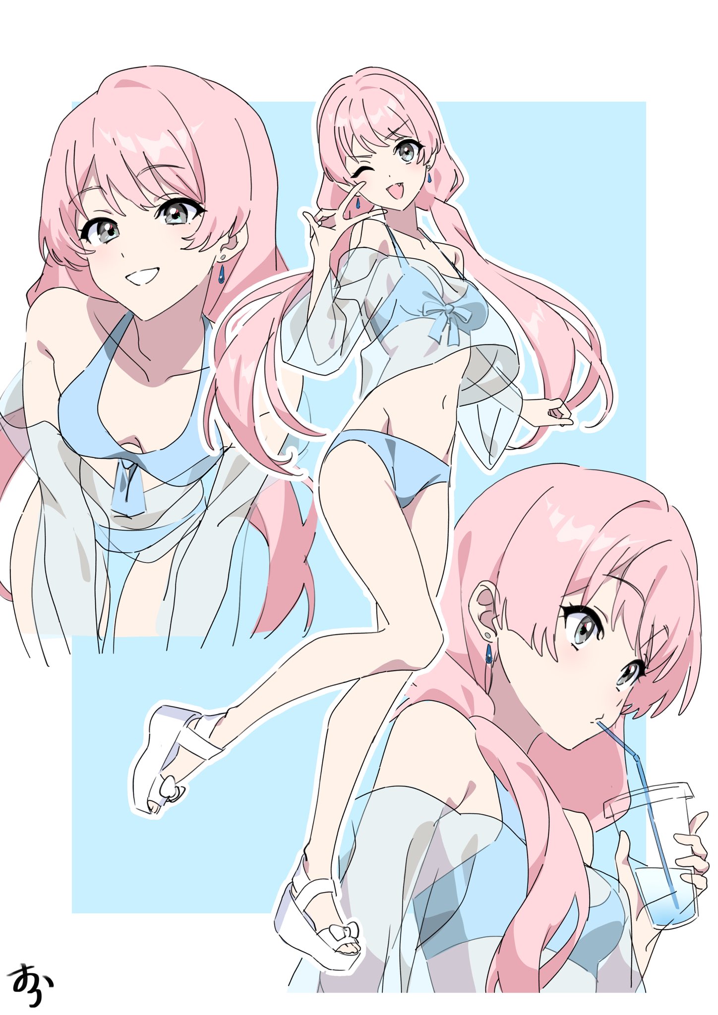 ora (oraora oekaki), chihaya anon, bang dream!, bang dream! it's mygo!!!!!, commentary, highres, 1girl, bikini, blue bikini, breasts, cup, disposable cup, drinking straw, drinking straw in mouth, fang, grey eyes, holding, holding cup, long hair, looking at viewer, medium breasts, multiple views, navel, one eye closed, open mouth, pink hair, stomach, swimsuit, v