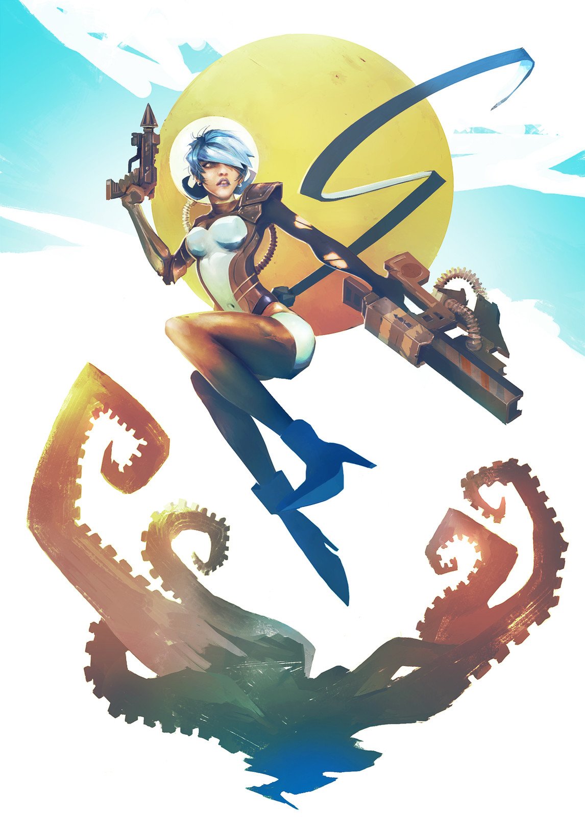 original, highres, 1girl, alexandre chaudret, blue hair, bodysuit, breasts, full body, gloves, gun, handgun, harpoon, harpoon gun, holding, holding gun, holding weapon, medium breasts, moon, parted lips, ribbon, short hair, solo, tentacles, torn clothes, torn gloves, weapon