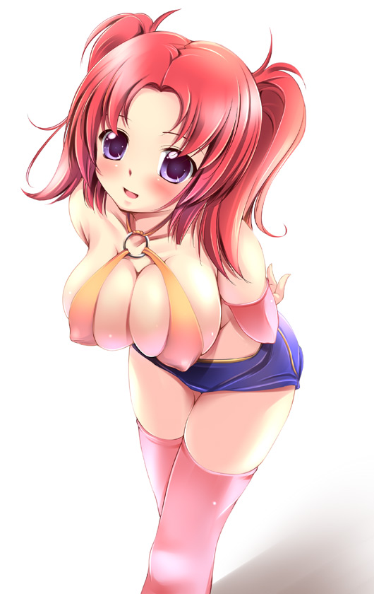 fct, sara da pranzo, sdp, meyrin hawke, gundam, gundam seed, gundam seed destiny, 00s, 1girl, blue eyes, blush, breasts, cleavage, covered erect nipples, detached sleeves, female focus, huge breasts, purple eyes, red hair, short hair, shorts, solo, thighhighs, twintails, underboob