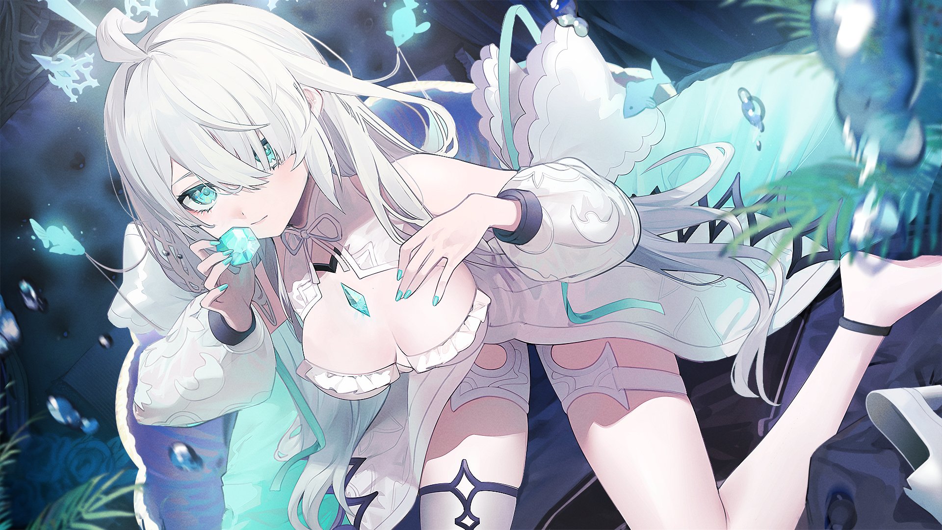 hiiragi mikoto, original, commentary request, commission, highres, skeb commission, 1girl, ahoge, bare shoulders, barefoot, blue eyes, blue gemstone, blue nails, breasts, closed mouth, gem, holding, holding gem, jacket, long hair, long sleeves, looking at viewer, looking up, medium breasts, nail polish, sitting, solo, white hair, white jacket