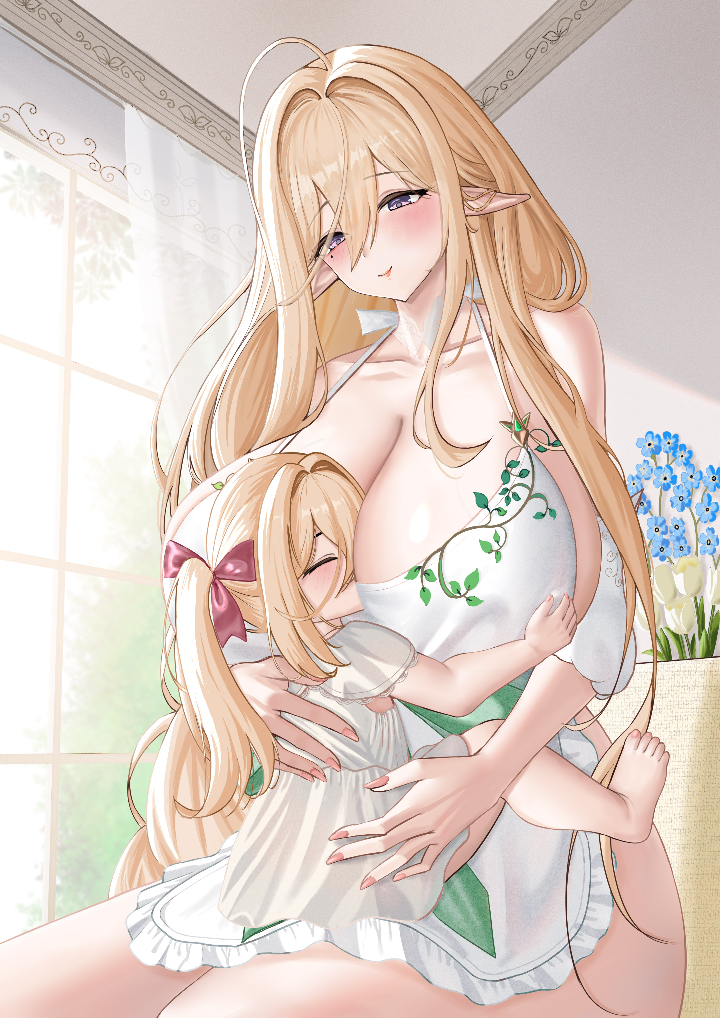 gouden leeuw (azur lane), azur lane, 2girls, breasts, cleavage, dress, mother and daughter, multiple girls, white apdon, white dress, window