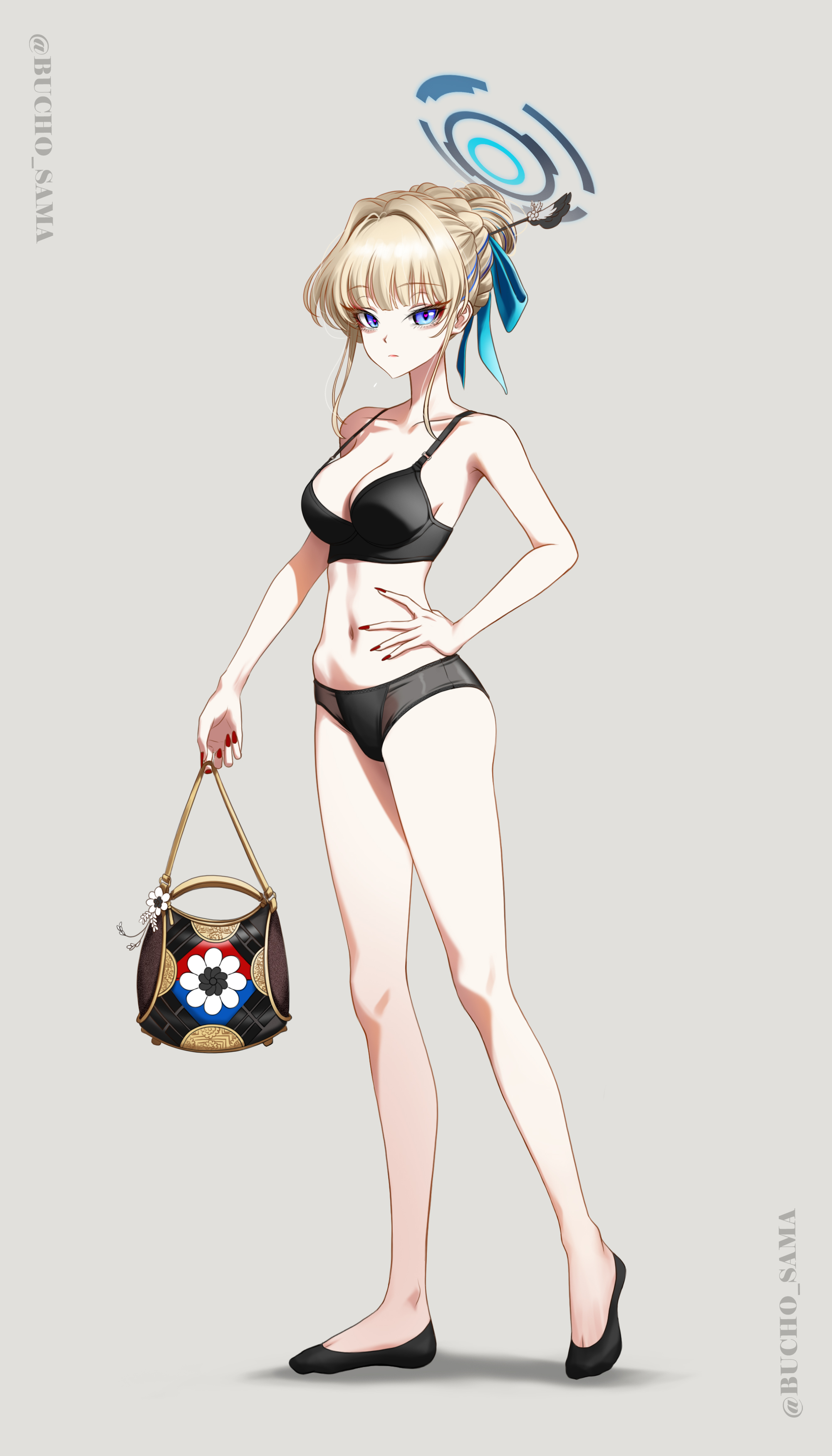 bucho sama, toki (blue archive), blue archive, absurdres, highres, 1girl, alternate hairstyle, ankle socks, bag, bare arms, bare legs, bare shoulders, black bag, black socks, blonde hair, blue eyes, chinese hairpin, closed mouth, hair bun, holding, holding bag, looking at viewer, navel, red nails, socks, solo, stomach, underwear, underwear only