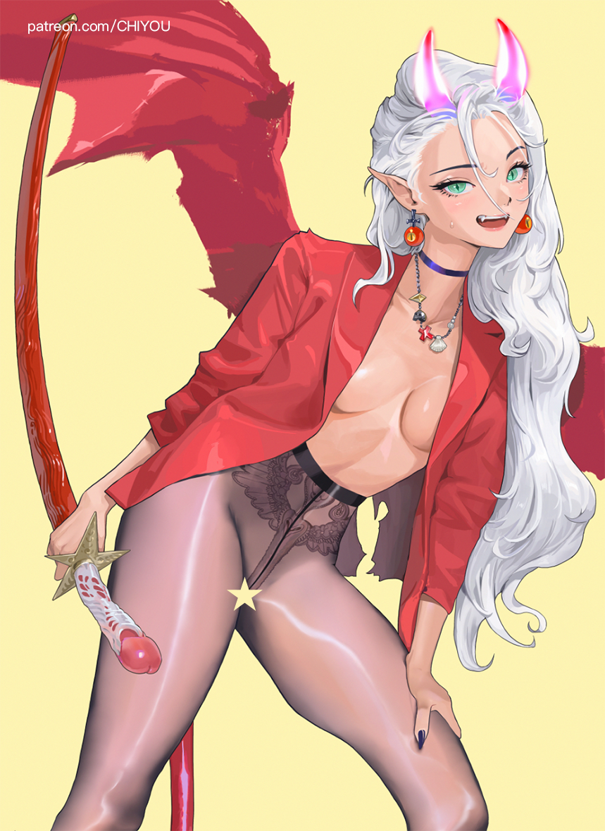 amatiz, original, commentary, 1girl, :d, aqua eyes, black nails, black pantyhose, breasts, censored, choker, earrings, fangs, forehead, holding, holding sword, holding weapon, horns, jacket, jewelry, katana, long hair, looking at viewer, medium breasts, necklace, open clothes, open mouth, pantyhose, pointy ears, red jacket, sheath, sheathed, simple background, slit pupils, smile, solo, star censor, sweatdrop, sword, teeth, weapon, white hair, wings, yellow background