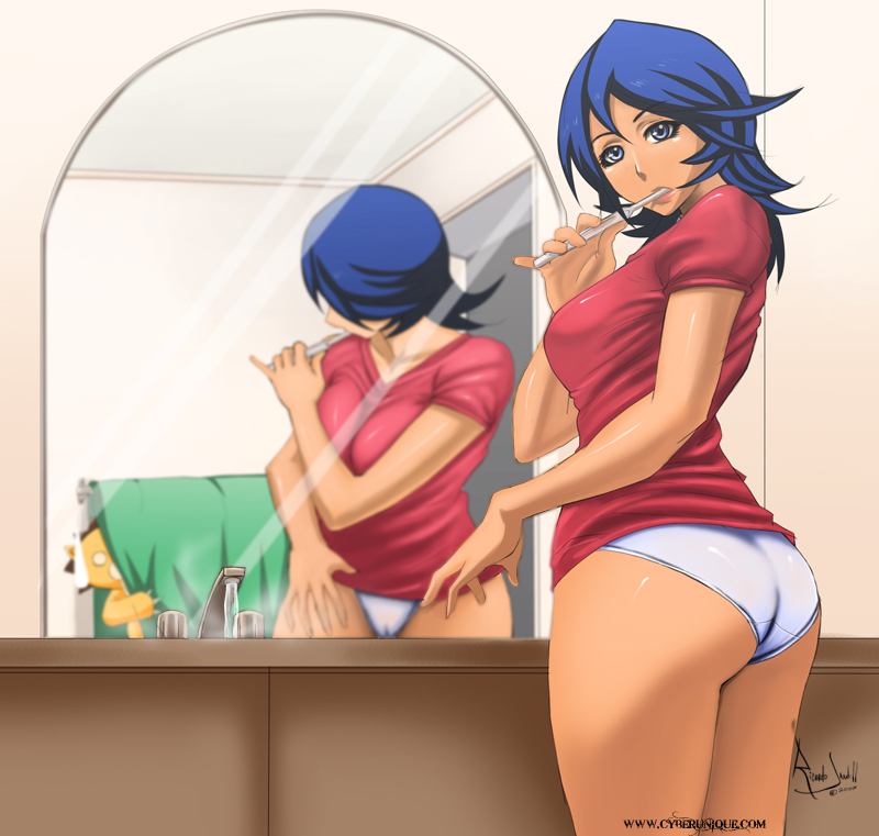 cyberunique, kon, kuchiki rukia, bleach, ass, bathroom, blue eyes, blue hair, breasts, cameltoe, large breasts, looking back, mirror, panties, peeking, sink, stuffed animal, stuffed lion, stuffed toy, t-shirt, toothbrush, underwear, voyeurism, white panties