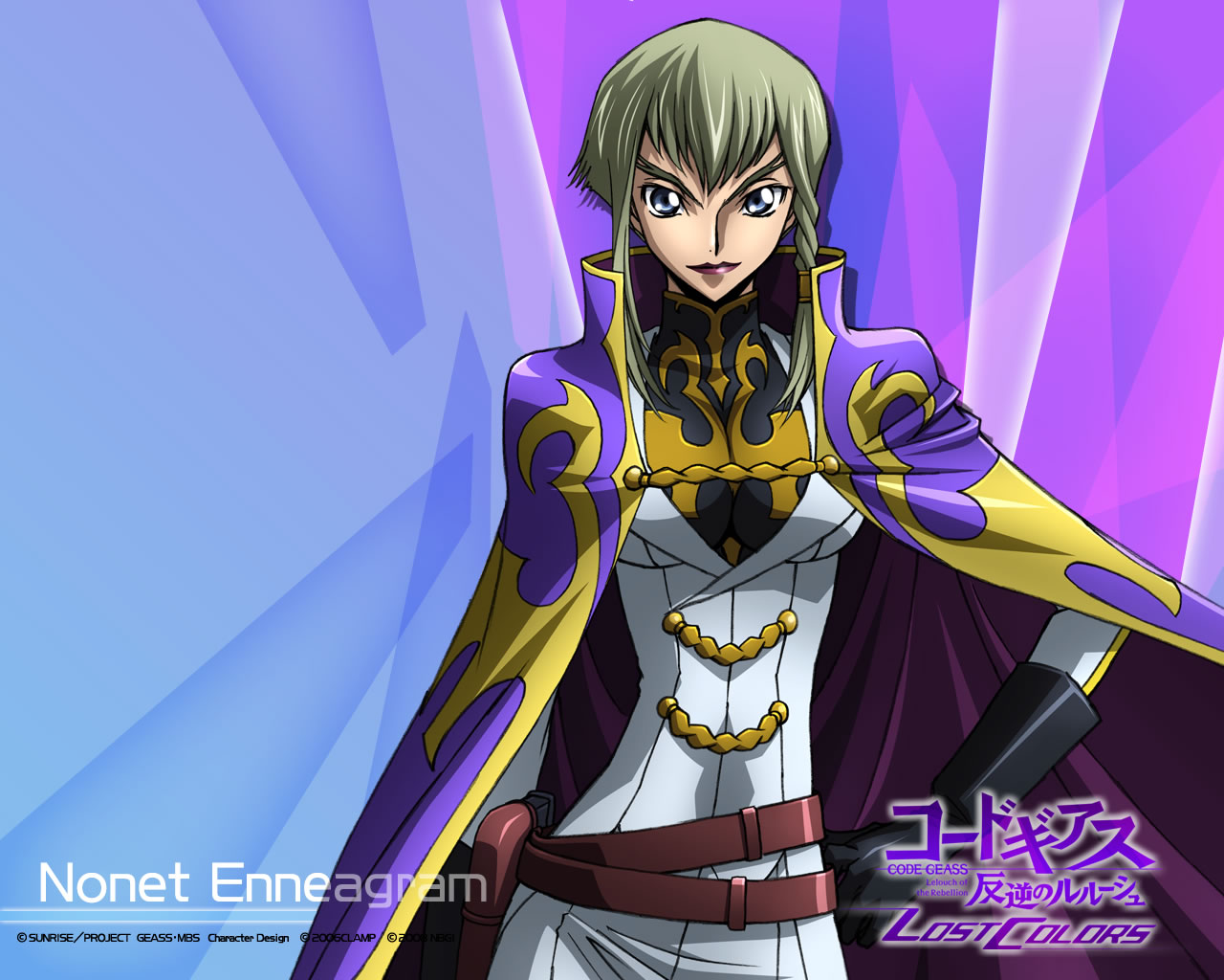 nonette enneagram, code geass, code geass: lost colors, official art, official wallpaper, 00s, blue eyes, cape, character name, green hair, lips, short hair, smile, solo