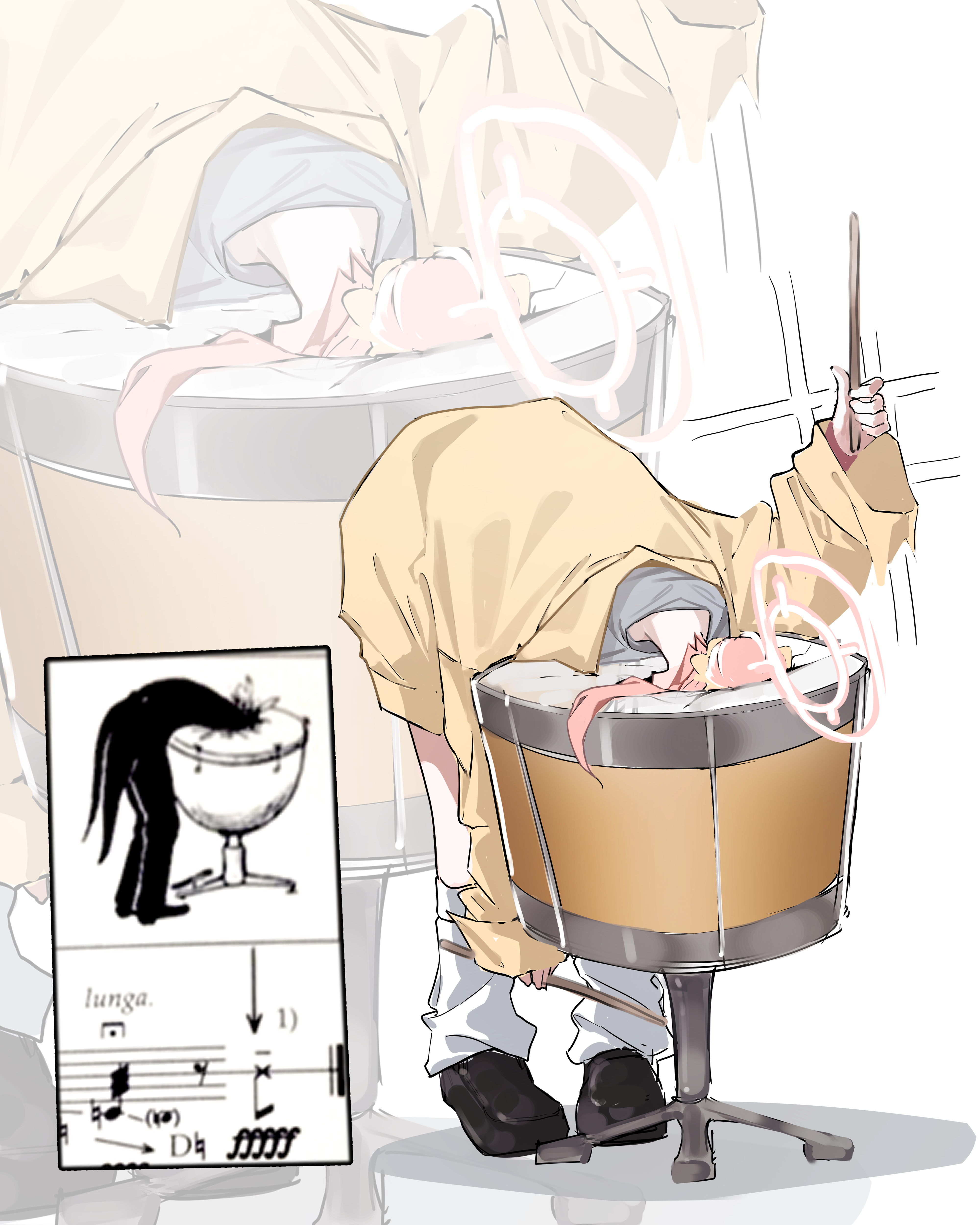 ka keo, natsu (band) (blue archive), natsu (blue archive), blue archive, absurdres, highres, photo-referenced, 1girl, bent over, black shoes, drum, drumsticks, dual wielding, full body, hair bun, hair ornament, hair scrunchie, halo, hand up, holding, holding drumsticks, instrument, jacket, kneehighs, long sleeves, loose socks, musical note, official alternate costume, official alternate hairstyle, pink hair, pink halo, scrunchie, sheet music, shoes, simple background, single hair bun, socks, solo, sparkle, thumbs up, white background, white socks, wide sleeves, yellow jacket, yellow scrunchie, zoom layer