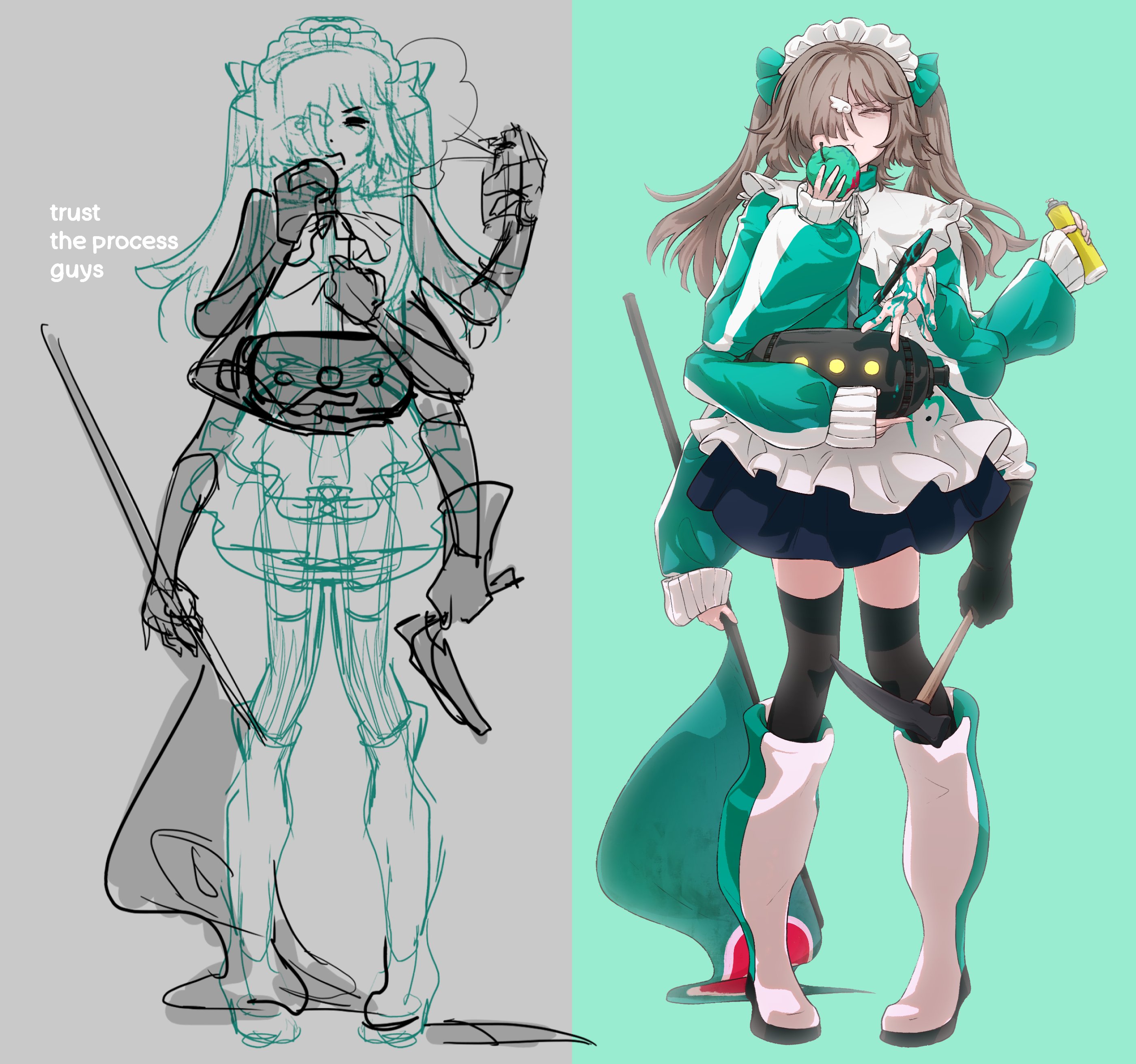 chomaeki, hatsune miku, tensei ringo (vocaloid), absurdres, commentary, english commentary, highres, making-of, 1girl, :t, apple, black thighhighs, blue skirt, brown hair, english text, extra arms, flag, food, fruit, full body, green jacket, hair ornament, hair over one eye, holding, holding flag, holding food, holding fruit, holding sickle, jacket, long sleeves, maid headdress, puffy long sleeves, puffy sleeves, shoes, sickle, sketch, skirt, sleeves past wrists, thighhighs, white shoes, wing hair ornament