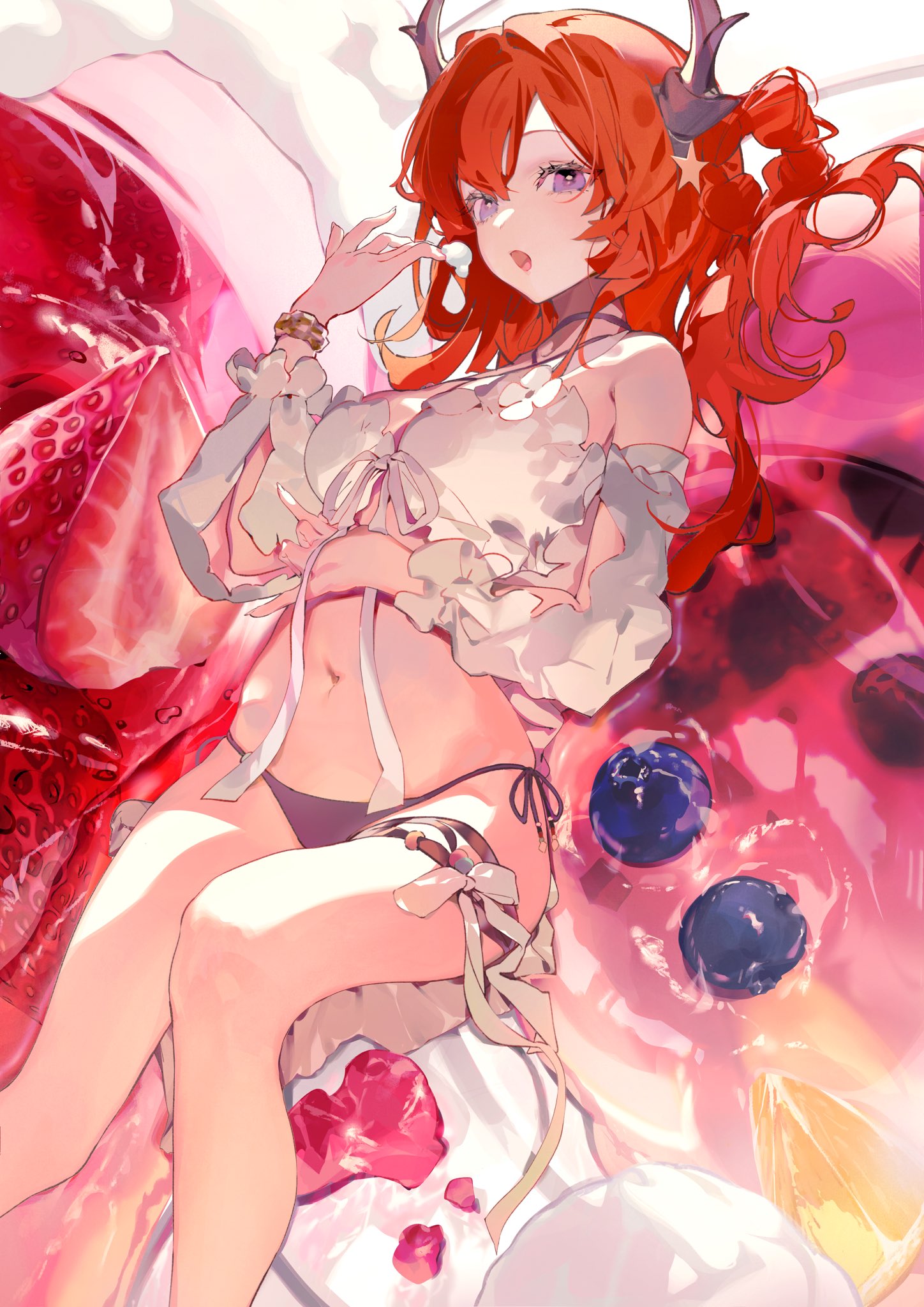 majiro (mazurka), surtr (arknights), surtr (colorful wonderland) (arknights), arknights, commentary, highres, symbol-only commentary, 1girl, :o, bare shoulders, bikini, black bikini, black horns, bracelet, dessert, feet out of frame, food, front-tie bikini top, front-tie top, fruit, hair between eyes, hair ornament, hair rings, hand up, horns, jewelry, light blush, long hair, looking at viewer, lying, official alternate costume, on back, purple eyes, red hair, side-tie bikini bottom, solo, star (symbol), star hair ornament, strawberry, swimsuit, thigh strap, white bikini