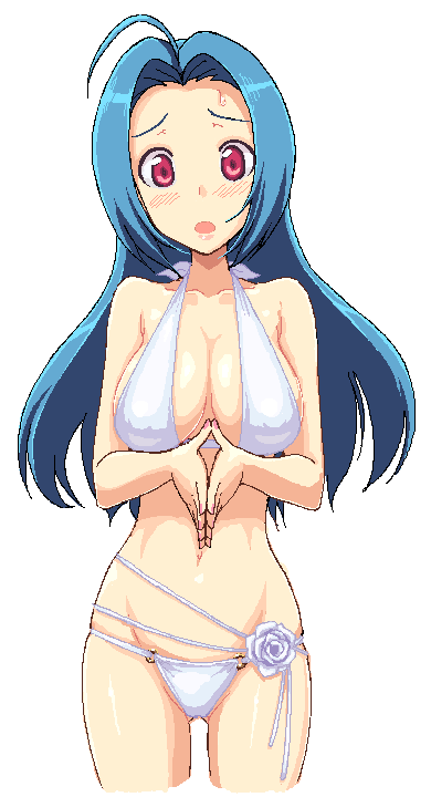 takayaki, miura azusa, idolmaster, idolmaster (classic), 00s, 1girl, ahoge, bikini, blue hair, blush, breasts, cleavage, cowboy shot, cropped legs, female focus, large breasts, long hair, navel, open mouth, own hands together, red eyes, solo, swimsuit, white bikini