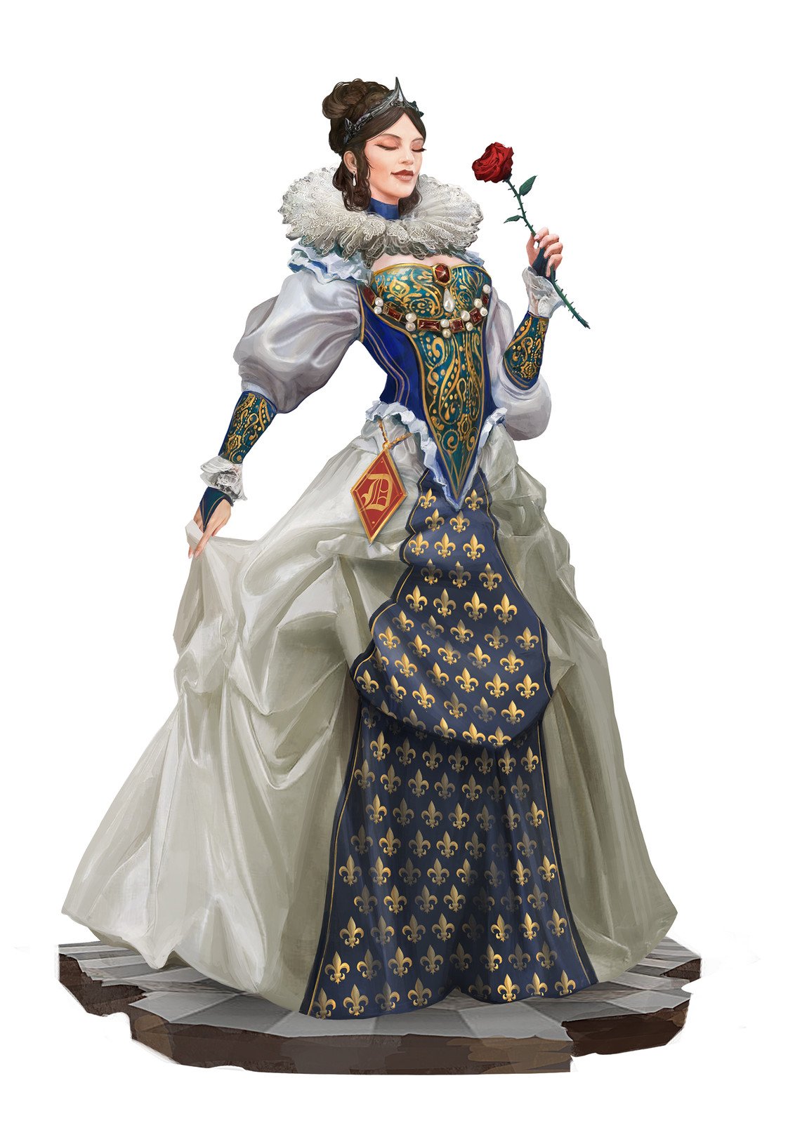 original, highres, 1girl, alexandre chaudret, breasts, closed eyes, closed mouth, collar, dress, fleur-de-lis, flower, frilled collar, frilled dress, frills, full body, gold trim, holding, holding flower, platform, queen, red flower, red rose, rose, simple background, small breasts, thorns, tiara, white background