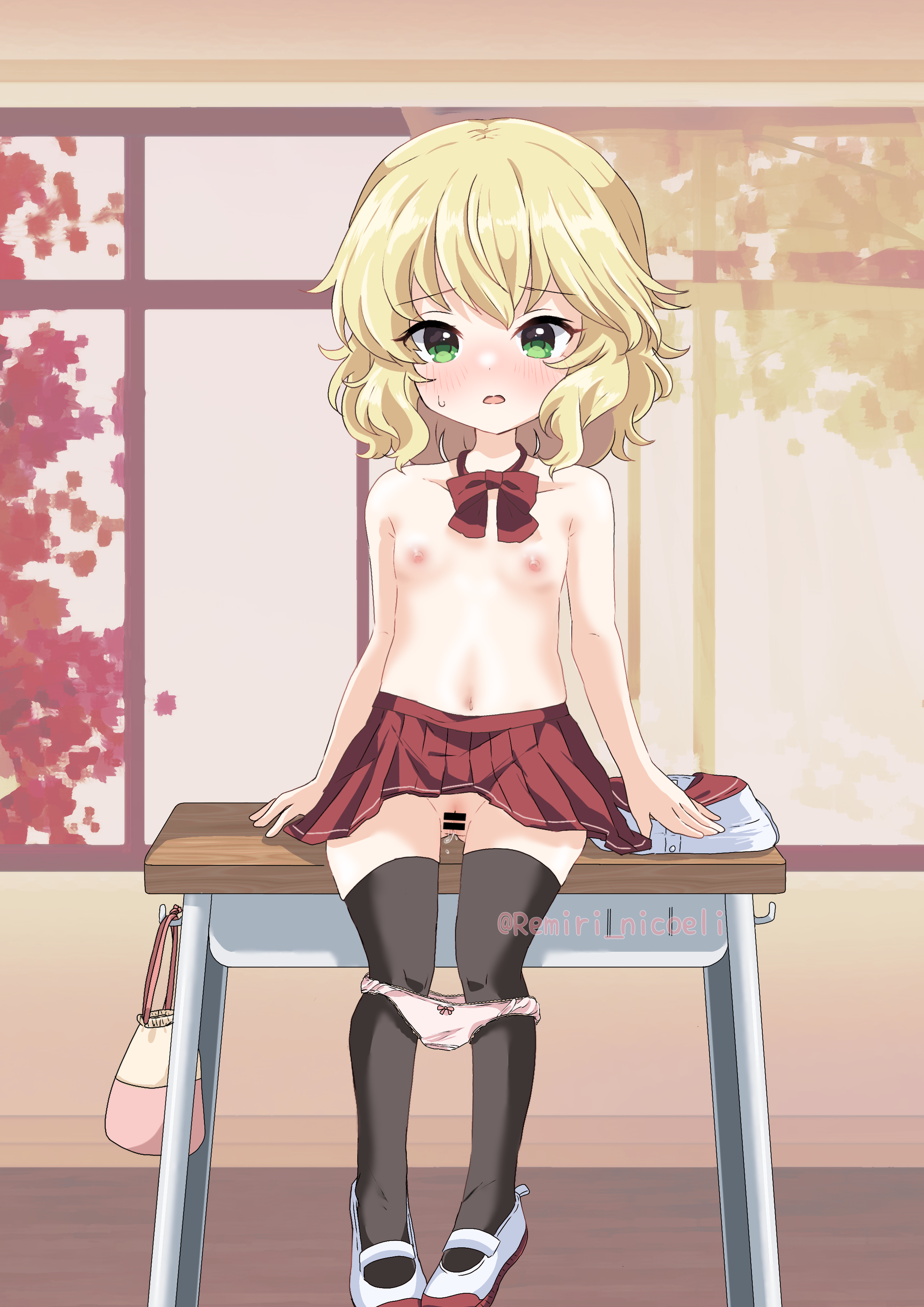 remiri nicoeli, sakurai momoka, idolmaster, idolmaster cinderella girls, absurdres, highres, 1girl, bag, black thighhighs, blonde hair, bow, bowtie, breasts, folded clothes, green eyes, messy hair, navel, nipples, no shirt, panties, panty pull, pink panties, pleated skirt, pussy, shirt, short hair, sitting, skirt, small breasts, solo, thighhighs, underwear, unworn shirt