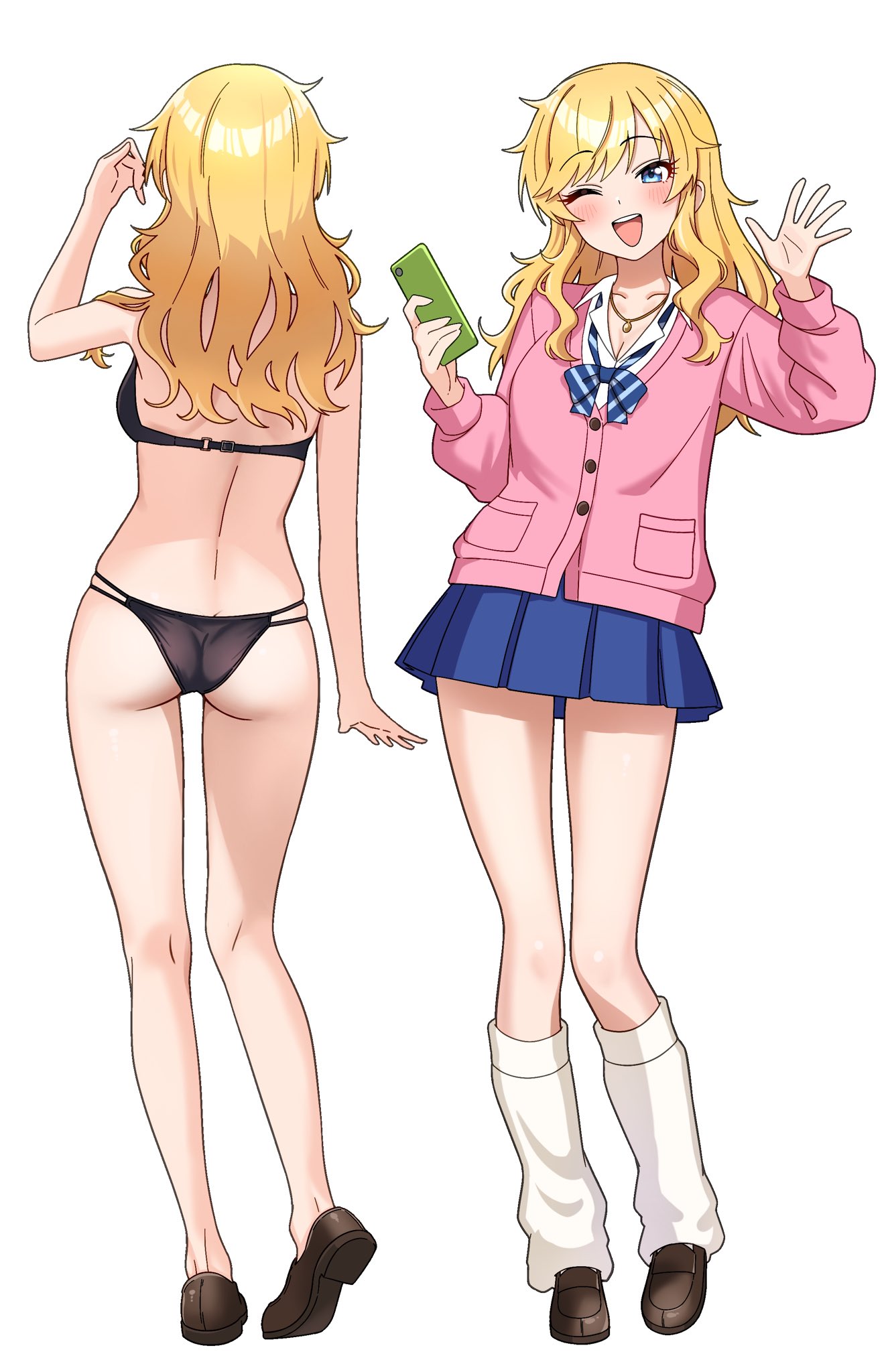 niban (puka 0507), ohtsuki yui, idolmaster, idolmaster cinderella girls, highres, 1girl, ass, bikini, black bikini, blonde hair, blue bow, blue bowtie, blue eyes, blue skirt, blush, bow, bowtie, breasts, brown shoes, cardigan, cleavage, holding, holding phone, jewelry, long hair, looking at viewer, loose socks, medium breasts, necklace, one eye closed, open mouth, phone, pink cardigan, pleated skirt, shirt, shoes, skirt, smile, socks, swimsuit, thighs, waving, wavy hair, wavy sidelocks, white background, white shirt, white socks