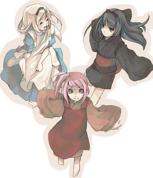 murakami, murakami mame, original, ^o^, 3girls, ^^^, ^ ^, ahoge, black eyes, black hair, blonde hair, closed eyes, dress, evil smile, japanese clothes, kimono, long sleeves, looking at viewer, multiple girls, obi, pink eyes, pink hair, red dress, sash, shaded face, short hair, simple background, smile, white background