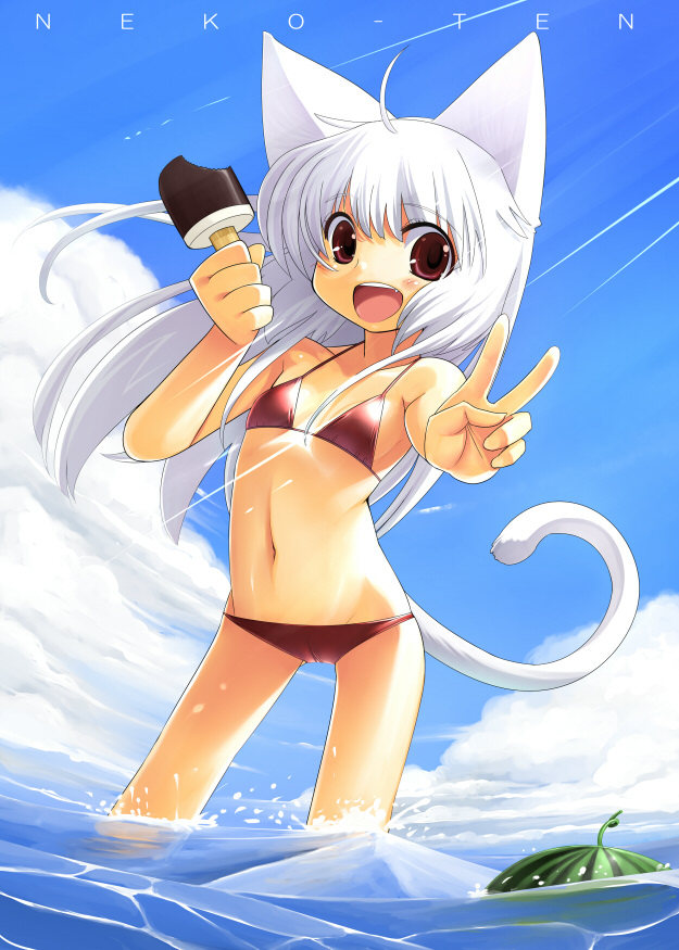 fujishiro touma, original, animal ears, bikini, cat ears, day, food, fruit, ice cream, popsicle, red bikini, solo, swimsuit, v, watermelon