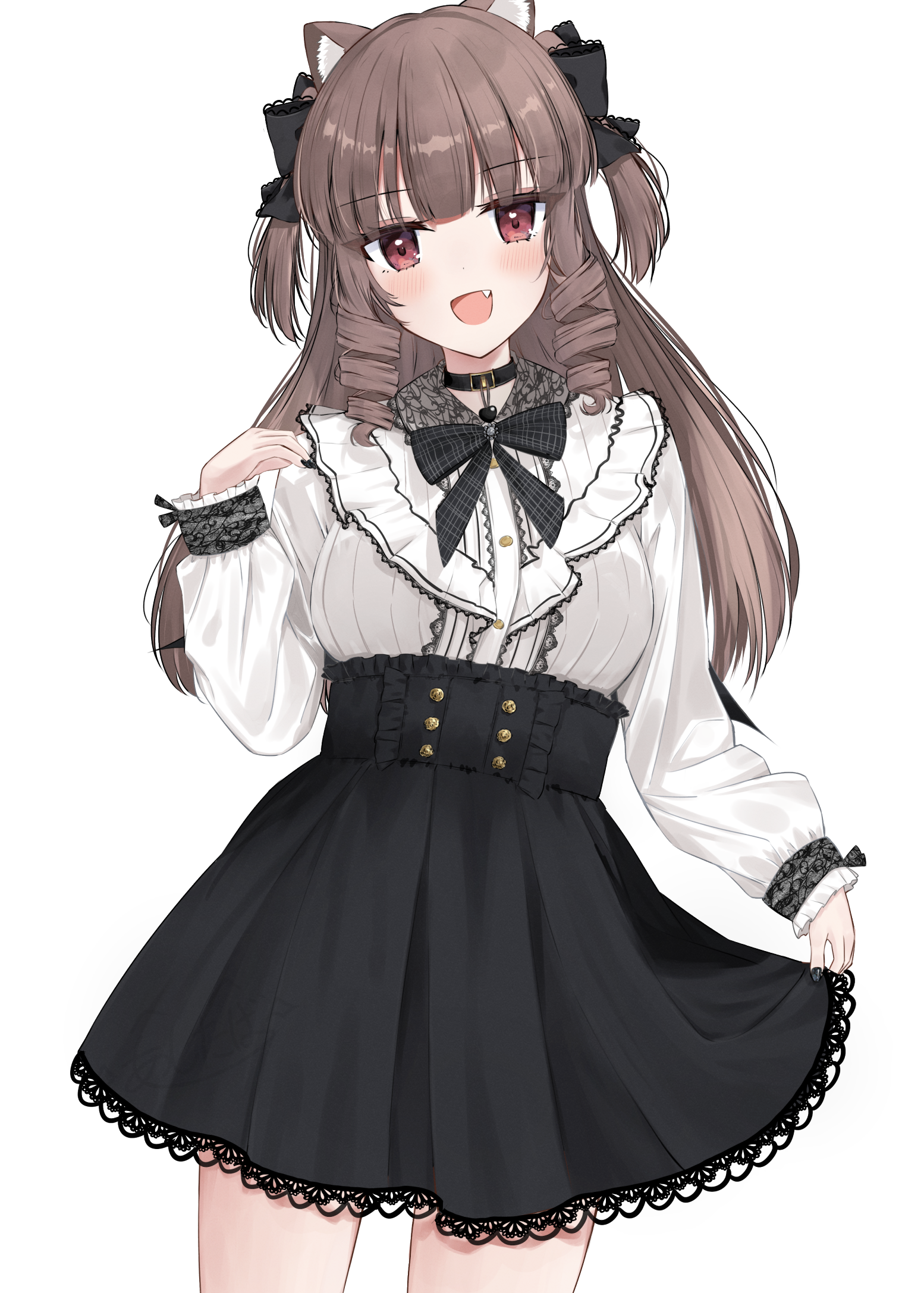 ashitaba kemo, original, commentary request, highres, 1girl, :d, animal ear fluff, animal ears, black bow, black collar, black nails, black skirt, black wings, bow, breasts, brown eyes, brown hair, collar, frilled skirt, frills, hair bow, hand up, high-waist skirt, lace, lace-trimmed skirt, lace trim, long hair, long sleeves, low wings, medium breasts, mini wings, nail polish, open mouth, puffy long sleeves, puffy sleeves, ringlets, shirt, sidelocks, simple background, skirt, sleeves past wrists, smile, solo, two side up, very long hair, white background, white shirt, wings