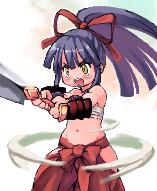 yu 3, bushidou (sekaiju), bushidou 2 (sekaiju), atlus, disgaea, etrian odyssey, 1girl, angry, armor, black eyes, black hair, clothing cutout, female focus, flat chest, hakama, hakama skirt, hip vent, japanese armor, japanese clothes, katana, kote, long hair, midriff, miko, no shirt, ponytail, red hakama, ribbon, samurai, sarashi, skirt, solo, sword, weapon