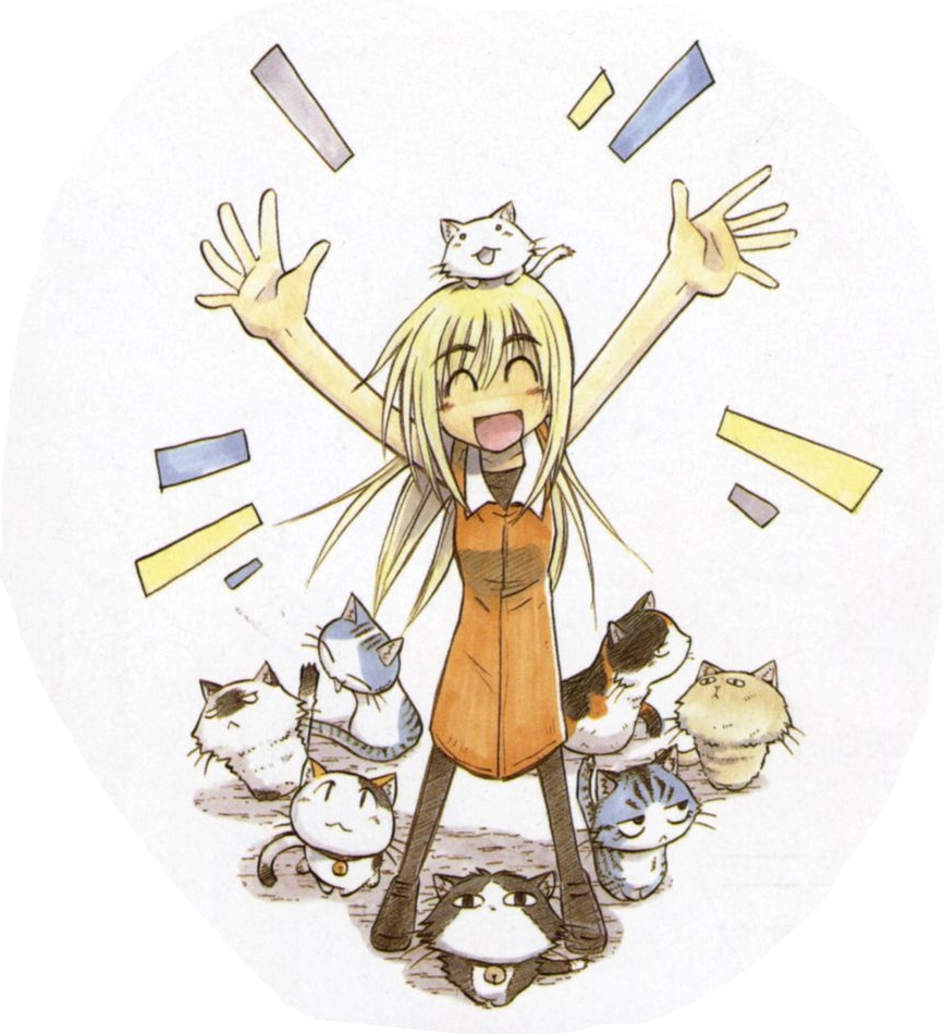 buchi, haa-san (sketchbook full colors), kate (sketchbook full colors), kuma (sketchbook full colors), mike (sketchbook full colors), sketchbook full colors, 00s, 1girl, ^ ^, arms up, blonde hair, cat, closed eyes, female focus, o/, outstretched arms, pantyhose, solo, too many, too many cats