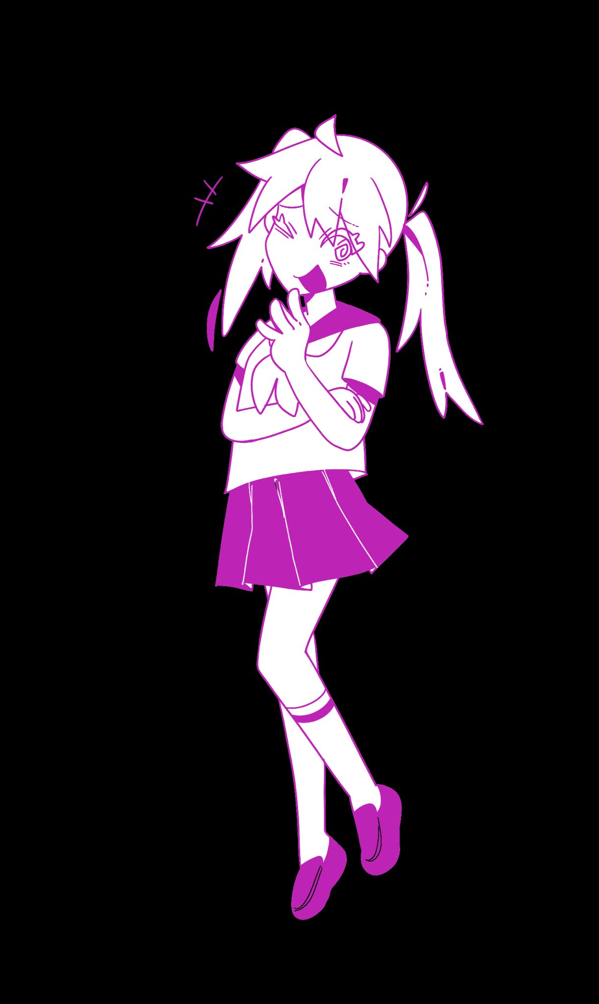 akkaapie, hatsune miku, kusare gedou to chokorewito (vocaloid), vocaloid, commentary, english commentary, highres, 1girl, :d, ^ ^, black background, closed eyes, full body, limited palette, open mouth, pleated skirt, sailor collar, school uniform, serafuku, shoes, skirt, smile, socks, solo, twintails
