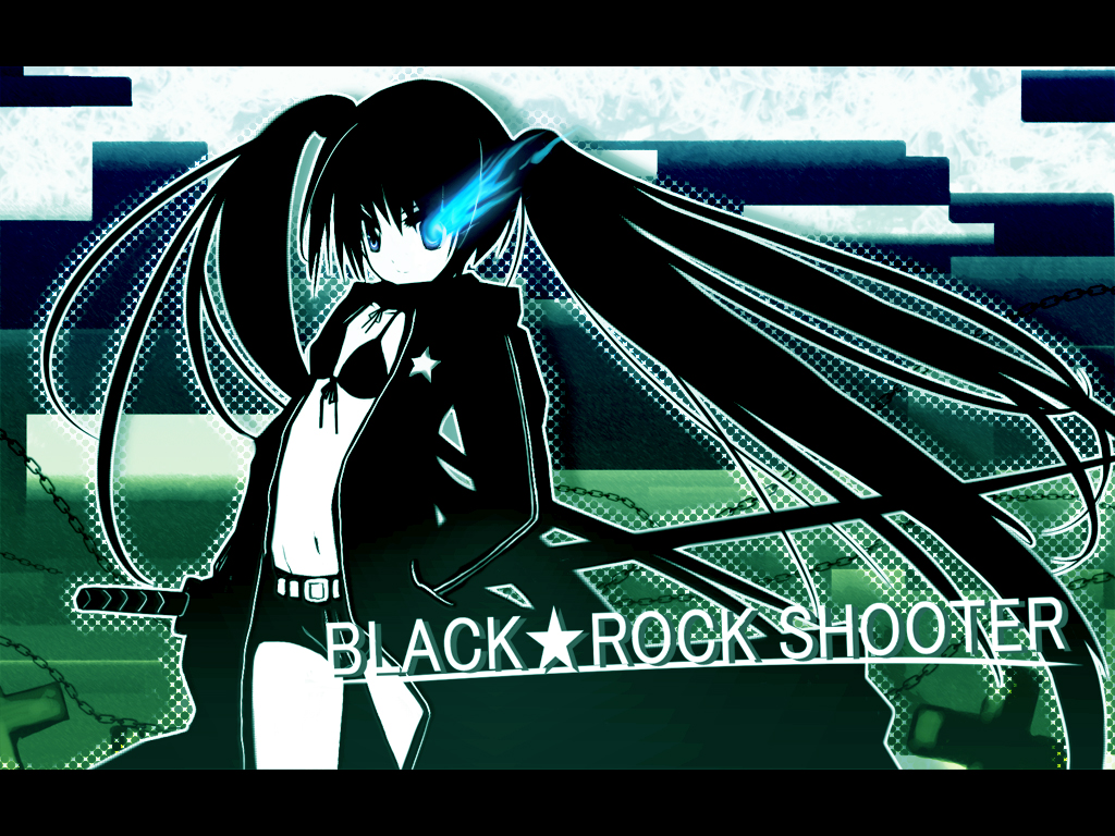 don (102558), black rock shooter (character), hatsune miku, black rock shooter, vocaloid, 10s, 1girl, black hair, blue eyes, female focus, katana, long hair, midriff, shorts, solo, sword, twintails, weapon
