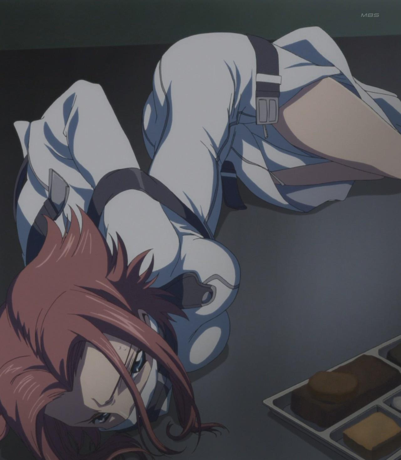 kouzuki kallen, code geass, anime screenshot, highres, 00s, 1girl, bdsm, blue eyes, bondage, bound, female focus, gag, gagged, red hair, solo, straitjacket, strap