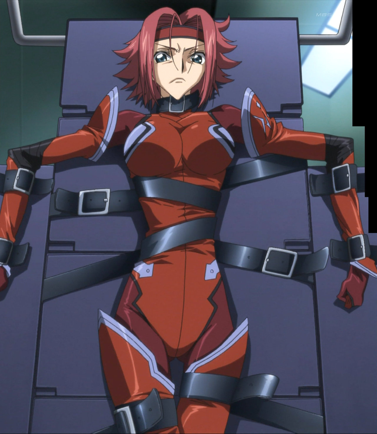 kouzuki kallen, code geass, anime screenshot, highres, official art, stitched, third-party edit, 00s, 1girl, angry, bdsm, bodysuit, bondage, bound, female focus, red hair, solo, strap, strapped down