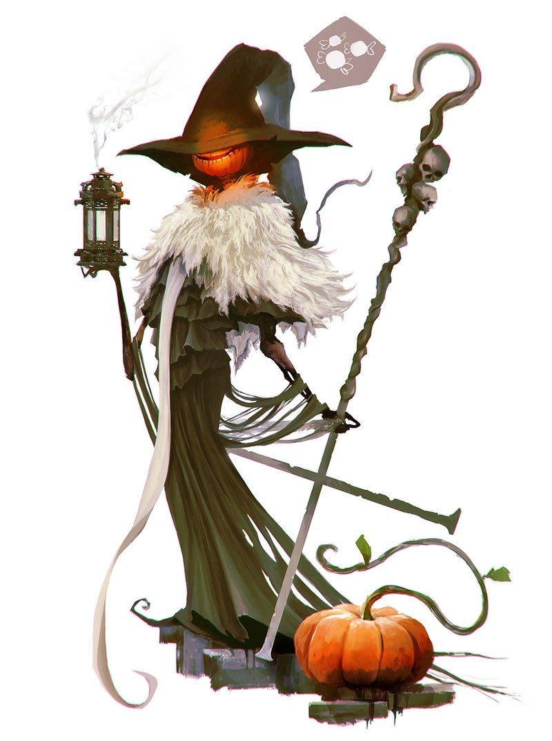 original, 1other, alexandre chaudret, full body, hat, lantern, pumpkin, simple background, solo, white background, witch hat
