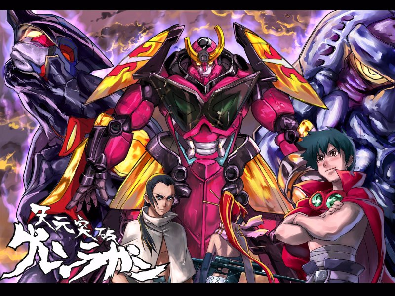 inumaroboya, inumaru (sougen no marogoya), enki (gurren lagann), enki (juuni kokuki), gurren-lagann, lazengann, rossiu adai, simon (ttgl), yoko littner, tengen toppa gurren lagann, 00s, 1girl, 2boys, back, brown hair, cape, crossed arms, goggles, gun, lazengan, long hair, mecha, multiple boys, ponytail, red hair, rifle, robot, sarashi, scarf, serious, smile, sniper rifle, spiked hair, very long hair, weapon