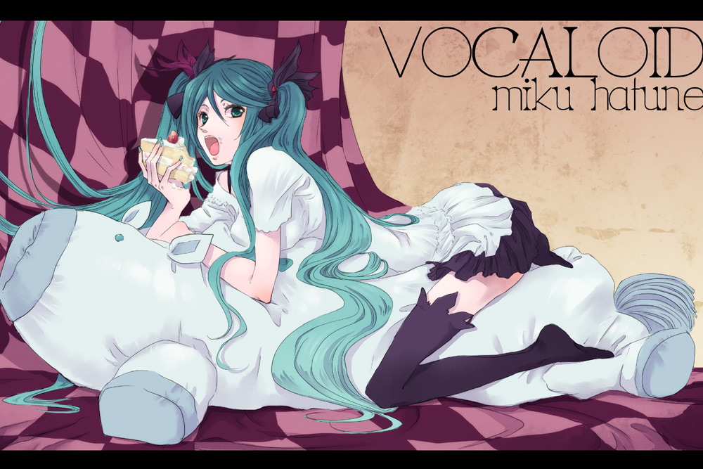 etomai, hatsune miku, vocaloid, world is mine (vocaloid), bad id, bad pixiv id, 1girl, aqua hair, aqua nails, cake, cake slice, character name, eating, female focus, food, fruit, kunreishiki, letterboxed, long hair, nail polish, open mouth, pastry, romaji text, skirt, solo, straddling, strawberry, strawberry shortcake, stuffed animal, stuffed toy, sweets, thighhighs, twintails, very long hair, zettai ryouiki