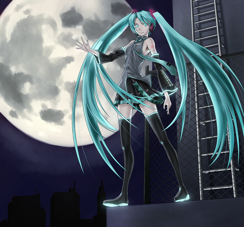 sukua, tk28, hatsune miku, vocaloid, 1girl, aqua eyes, aqua hair, detached sleeves, female focus, full moon, headset, ladder, long hair, moon, necktie, night, skirt, solo, thighhighs, twintails, very long hair