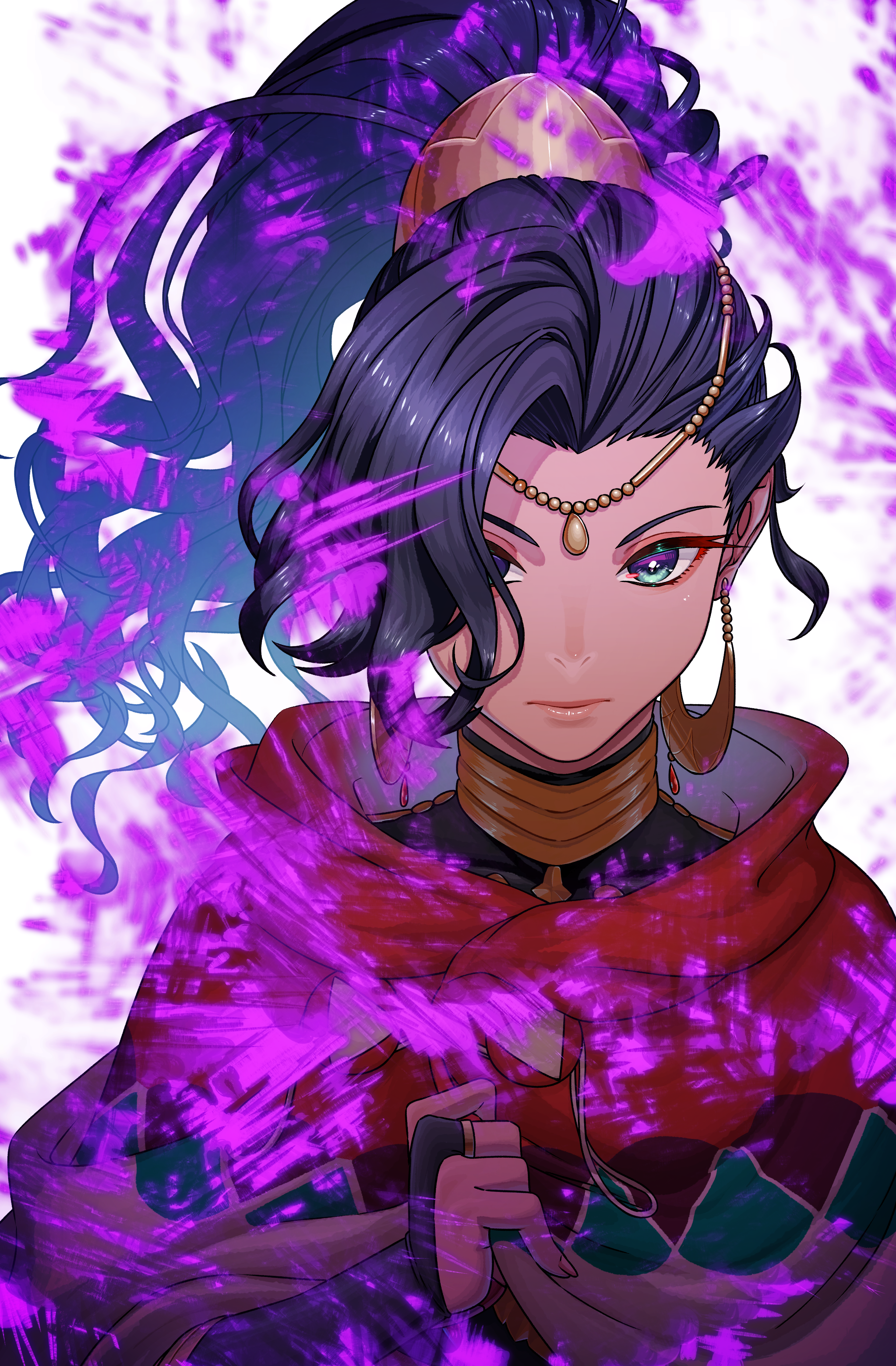 aduti momoyama, leda (fire emblem), fire emblem, fire emblem: fortune's weave, nintendo, absurdres, commentary request, highres, 1girl, blue eyes, blue hair, bridal gauntlets, circlet, cloak, closed mouth, dark-skinned female, dark skin, earrings, gold choker, gold earrings, high ponytail, hoop earrings, jewelry, looking at viewer, ponytail, red cloak, solo, upper body