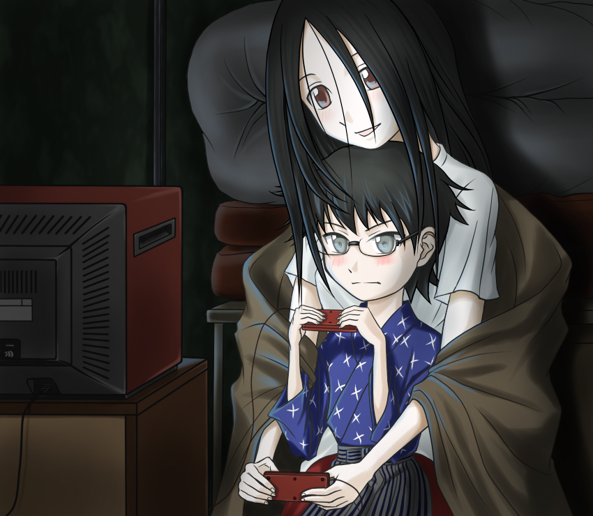 sukua, tk28, itoshiki majiru, komori kiri, sayonara zetsubou sensei, 00s, 1boy, 1girl, black hair, blanket, pale skin, playing games, smile, television, video game