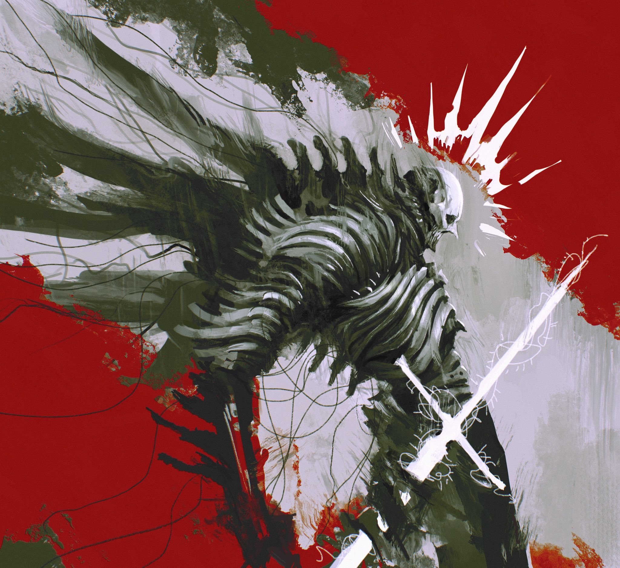 original, highres, procreate (medium), alexandre chaudret, monster, red background, skeleton, solo, sword, weapon