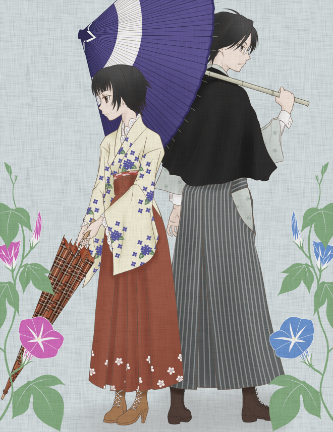 sukua, tk28, itoshiki nozomu, tsunetsuki matoi, sayonara zetsubou sensei, 00s, 1boy, 1girl, back-to-back, black hair, flower, hakama, hakama skirt, high heels, japanese clothes, meiji schoolgirl uniform, morning glory, oil-paper umbrella, profile, red hakama, shoes, short hair, skirt, umbrella