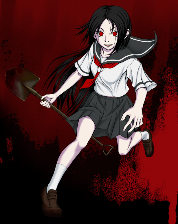 sukua, tk28, kitsu chiri, sayonara zetsubou sensei, 00s, 1girl, black hair, female focus, parted bangs, red eyes, school uniform, serafuku, shovel, skirt, solo, worktool