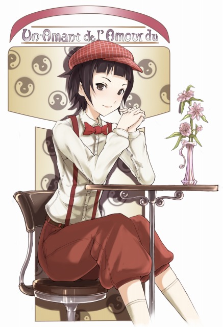 ina (gokihoihoi), tsunetsuki matoi, sayonara zetsubou sensei, 00s, black hair, blush, bow, bowtie, brown eyes, french text, hat, short hair, smile, solo, suspenders