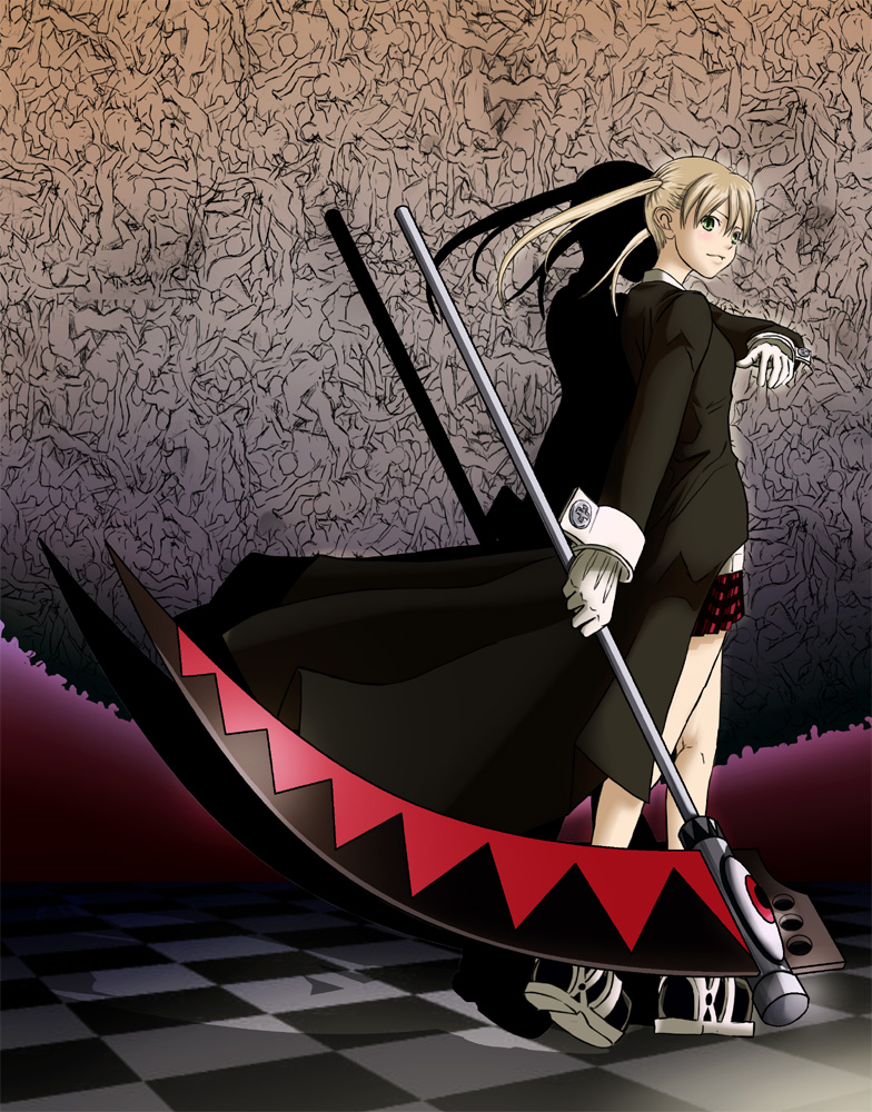 hagetaka, maka albarn, soul evans, soul eater, bad id, bad pixiv id, 00s, blonde hair, coat, gloves, green eyes, plaid clothes, plaid skirt, scythe, skirt, solo, twintails