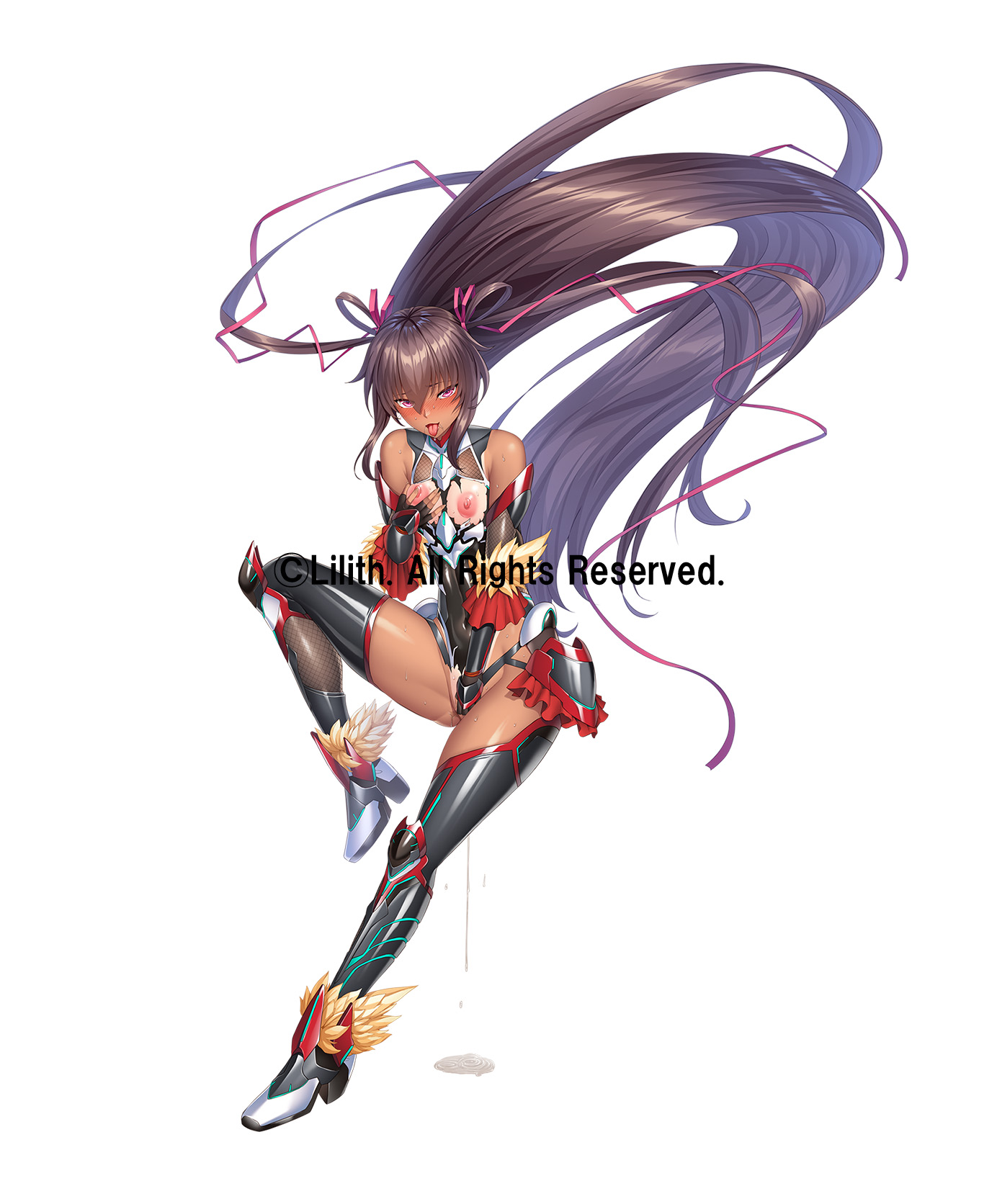 aoi nagisa (metalder), mizuki yukikaze, taimanin (series), taimanin rpgx, taimanin yukikaze, highres, official art, 1girl, alternate costume, bare shoulders, blush, boots, breasts, breasts out, brown hair, brown leotard, copyright name, covered navel, covering privates, curvy, dark-skinned female, dark skin, fingering, flat chest, floating hair, full body, grabbing own breast, hair ribbon, highleg, highleg leotard, impossible clothes, impossible leotard, jumping, leotard, long hair, long twintails, looking at viewer, moaning, nipple stimulation, one-piece tan, open mouth, pink eyes, puffy nipples, pussy juice, revealing clothes, ribbon, shiny clothes, shiny skin, skin tight, smile, solo, sweat, sweatdrop, taimanin suit, tan, tanline, thong leotard, tongue, tongue out, torn clothes, torn leotard, two side up, very long hair, wide hips