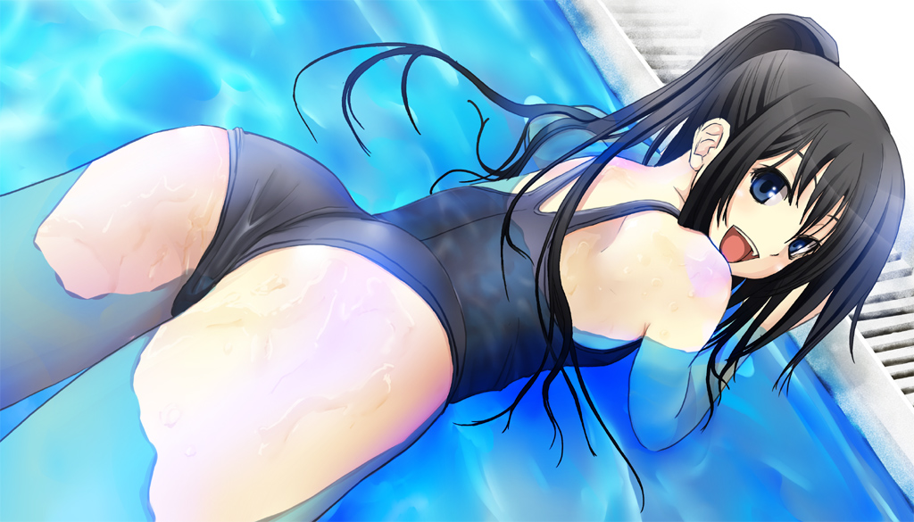 hagetaka, original, bad id, bad pixiv id, 1girl, :d, ass, black hair, blue eyes, dutch angle, female focus, from above, long hair, looking at viewer, looking back, one-piece swimsuit, open mouth, ponytail, pool, poolside, school swimsuit, smile, solo, swimsuit, water, wet