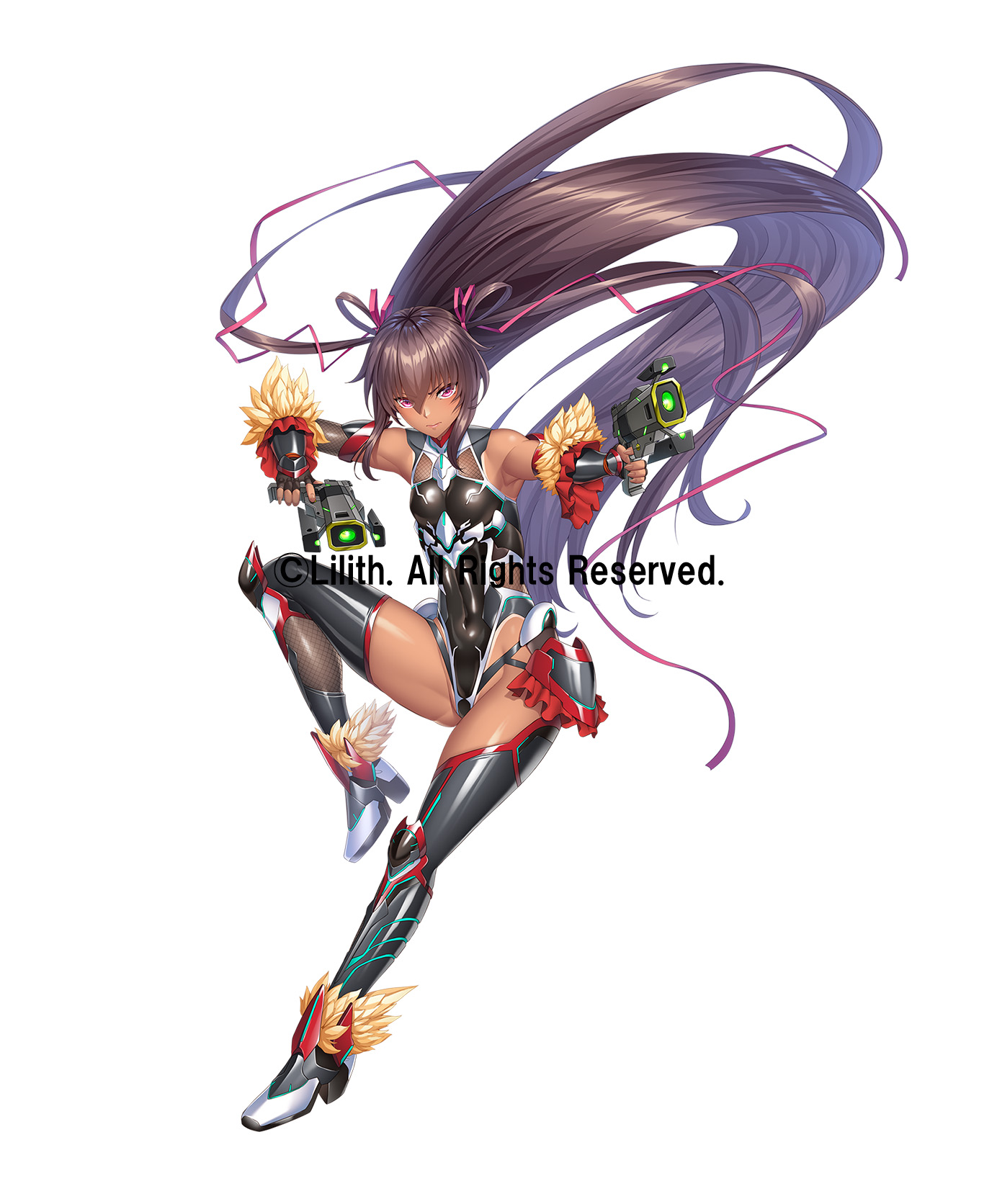aoi nagisa (metalder), mizuki yukikaze, taimanin (series), taimanin rpgx, taimanin yukikaze, highres, official art, 1girl, :<, aiming, aiming at viewer, alternate costume, bare shoulders, boots, brown hair, brown leotard, copyright name, covered navel, curvy, dark-skinned female, dark skin, flat chest, floating hair, full body, gun, hair ribbon, highleg, highleg leotard, holding, holding gun, holding weapon, impossible clothes, impossible leotard, jumping, leotard, long hair, long twintails, looking at viewer, one-piece tan, pink eyes, revealing clothes, ribbon, serious, shiny clothes, shiny skin, skin tight, solo, taimanin suit, tan, tanline, thong leotard, two side up, very long hair, weapon, wide hips