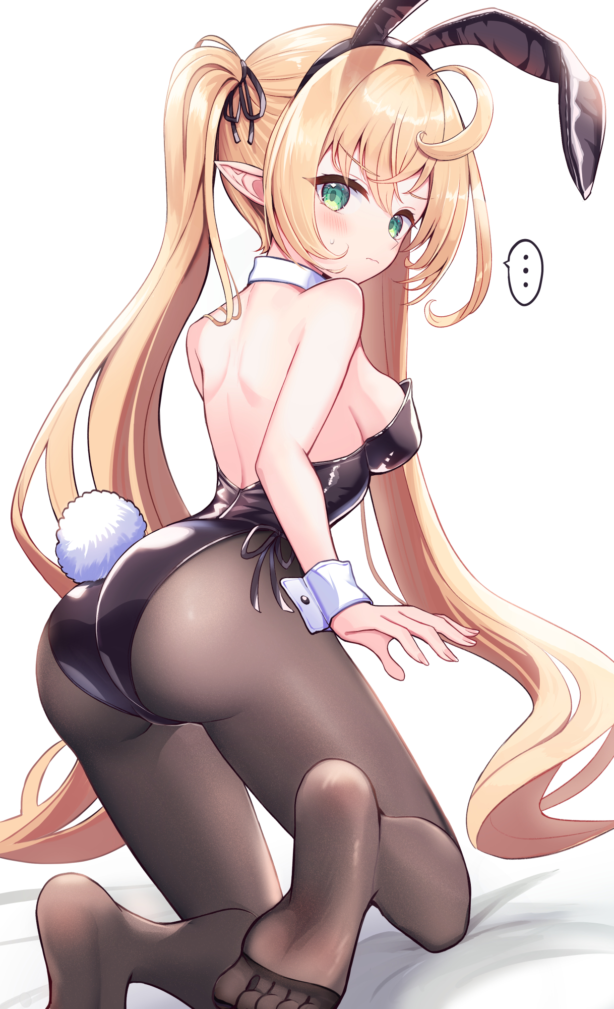 sakura ani, original, commentary request, highres, …, 1girl, ahoge, animal ears, ass, bed sheet, black hairband, black leotard, blonde hair, blush, breasts, brown pantyhose, closed mouth, fake animal ears, fake tail, from behind, green eyes, hair between eyes, hairband, kneeling, leotard, long hair, looking at viewer, looking back, medium breasts, no shoes, pantyhose, pointy ears, rabbit ears, rabbit tail, small sweatdrop, soles, solo, spoken ellipsis, strapless, strapless leotard, sweat, tail, twintails, very long hair, wavy mouth, white background, wrist cuffs